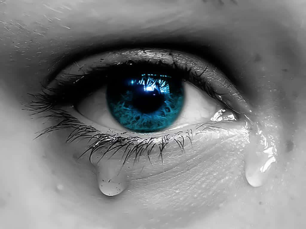 Greyscale Blue Eye Crying With Tears