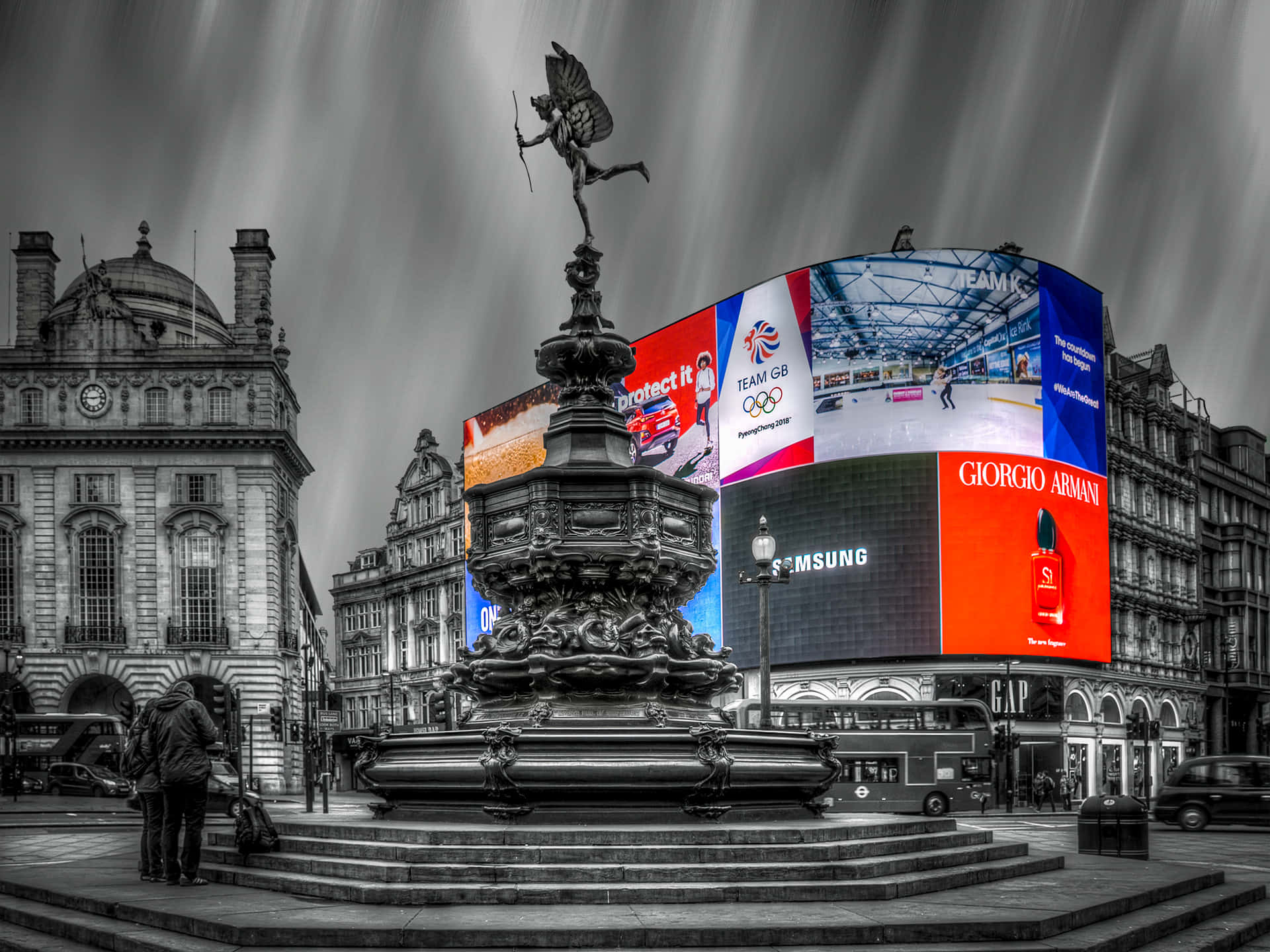 Greyscale Piccadilly Circus With Colored Screen Background