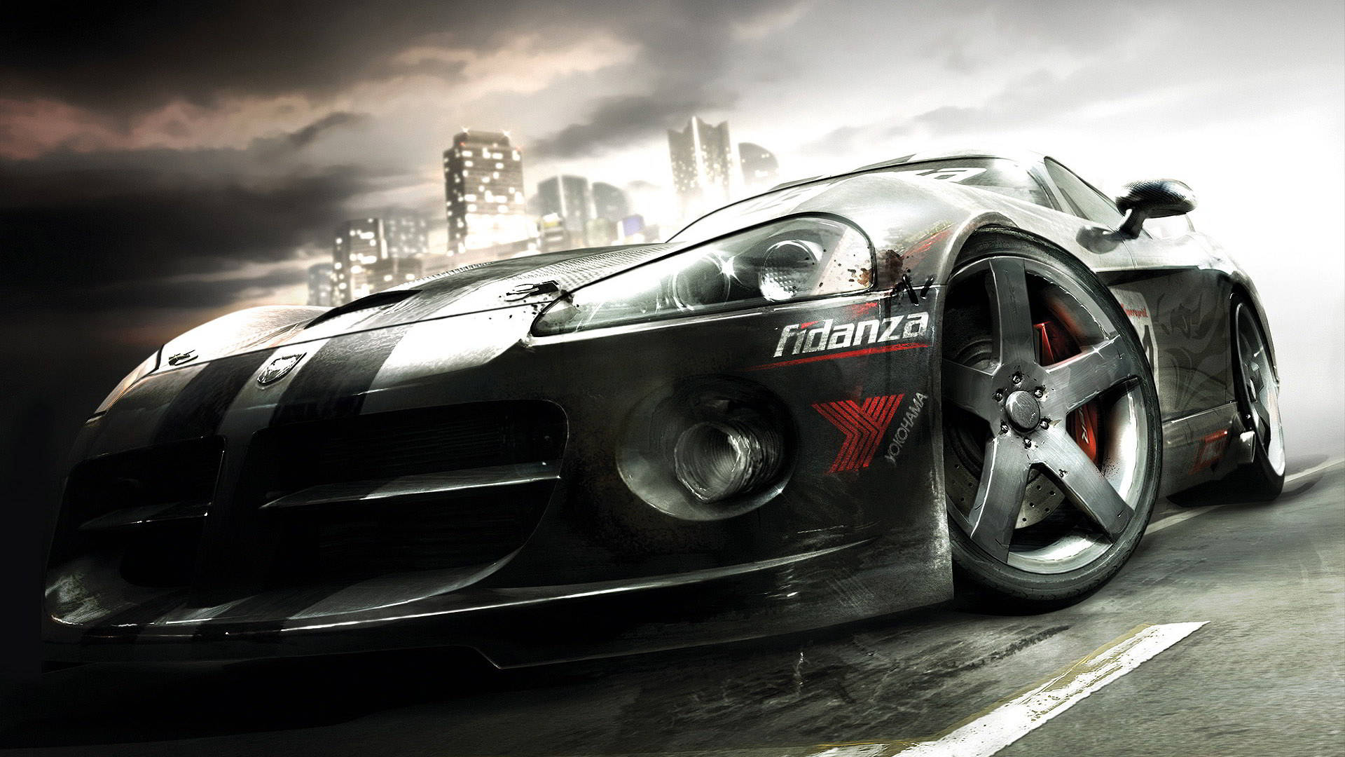 Grid 2 Black Car And Cloudy Skies Background