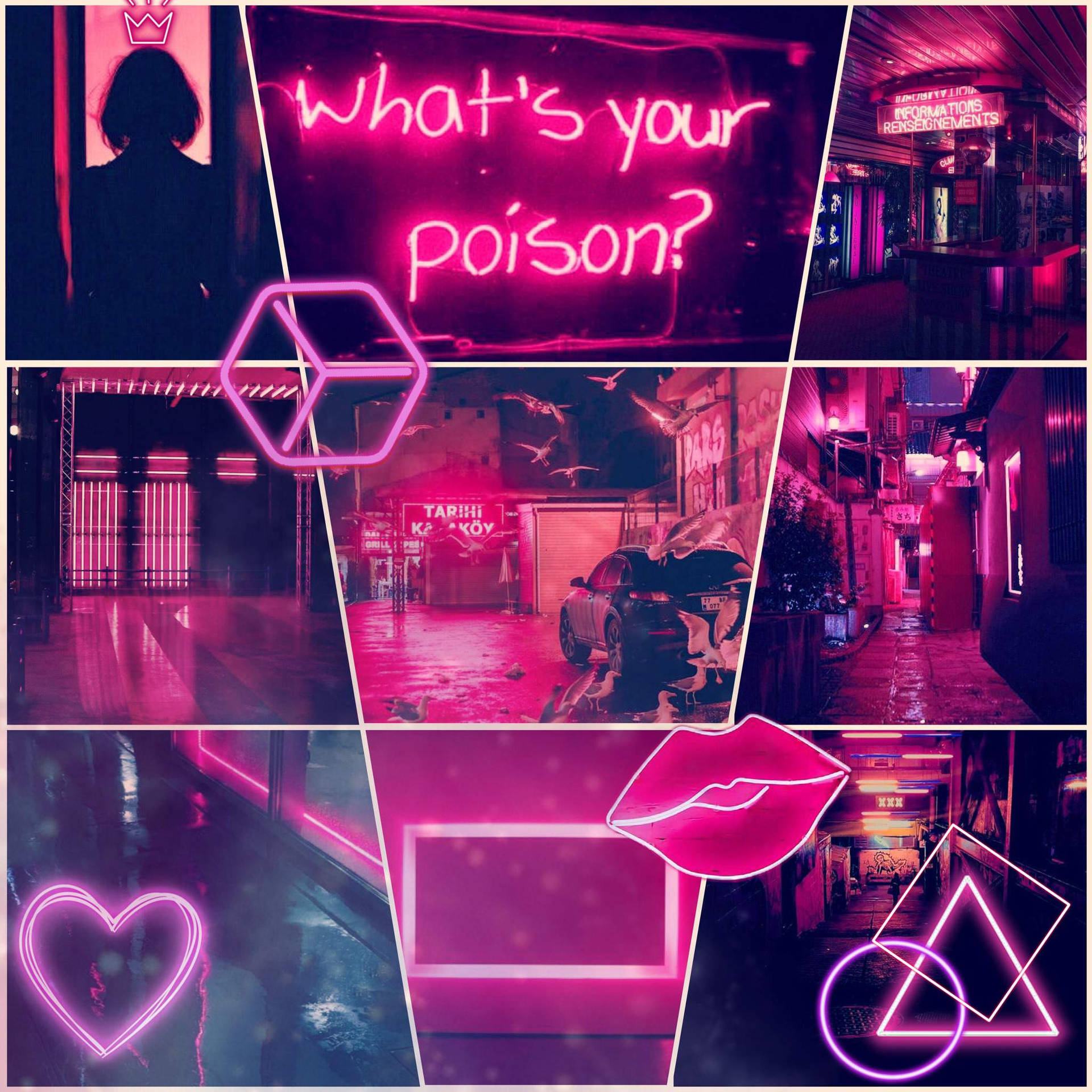 Grid Collage Of Neon Pink Photos With Shapes Background