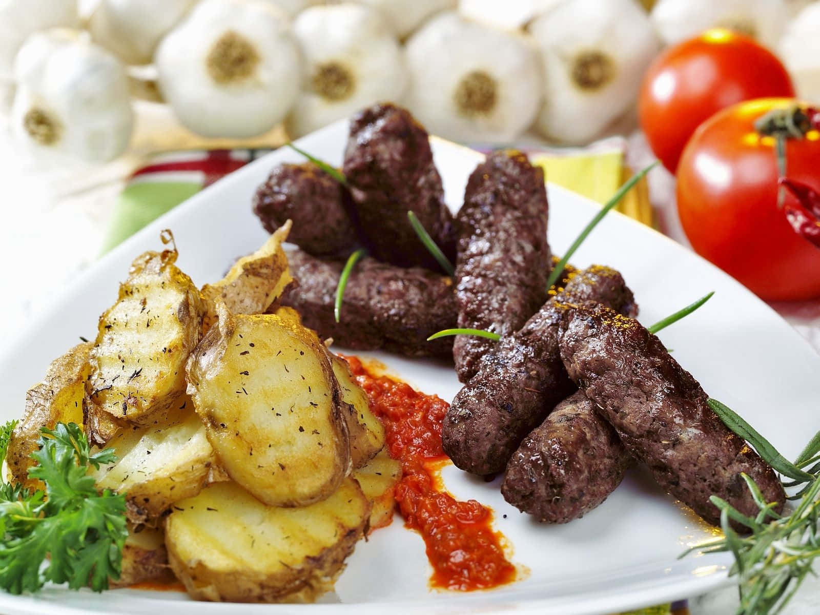 Grilled Ćevapi With Potato Slices Background