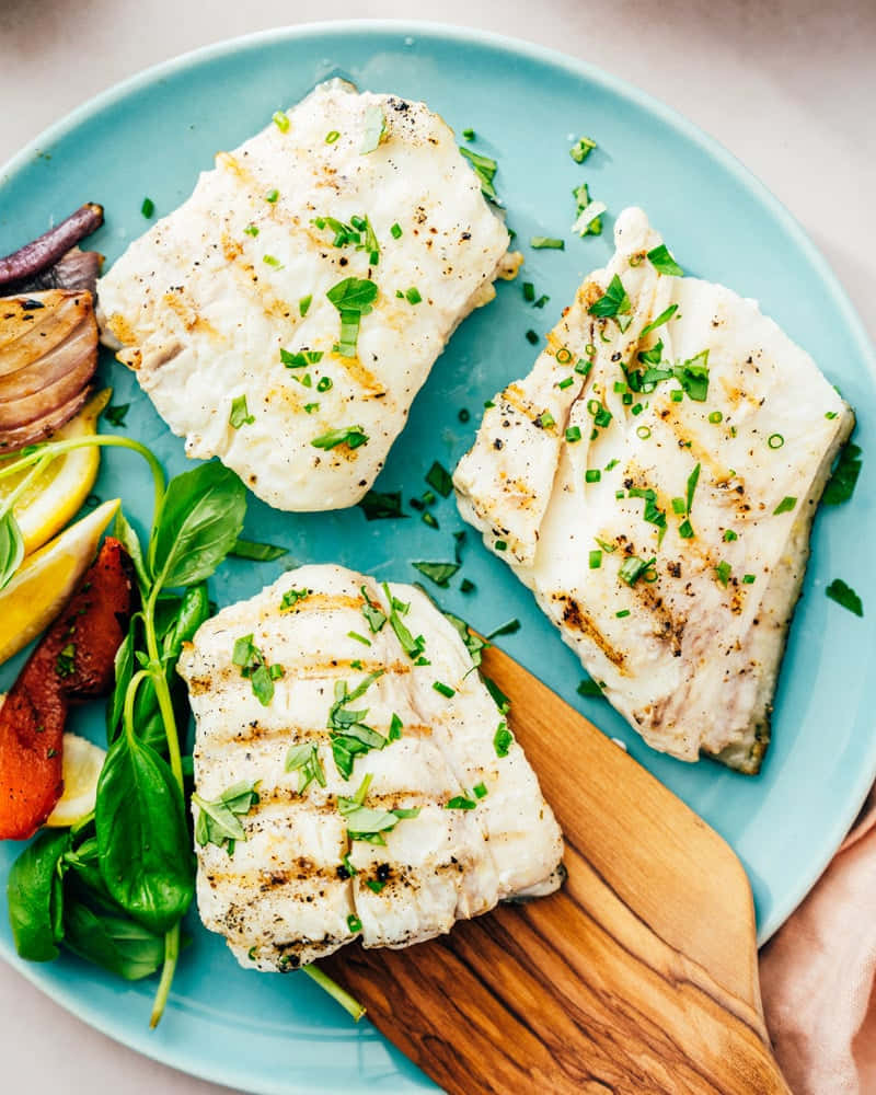 Grilled Halibut Steaks Plated Background