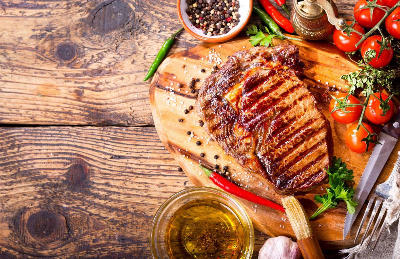 Grilled Steak Meat Wood Board Background