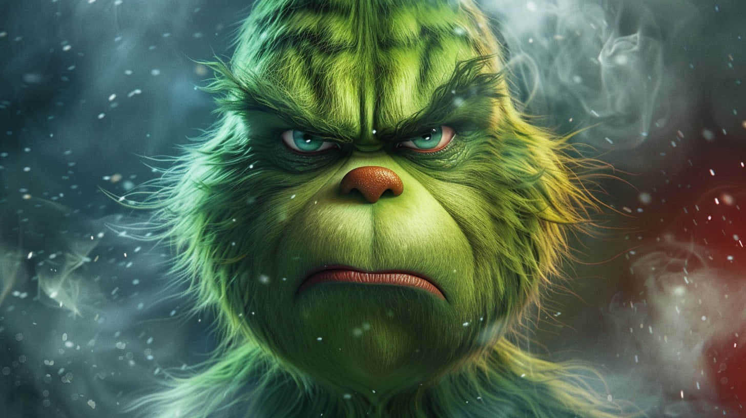 Grinch Face Closeup Snowy Background Background