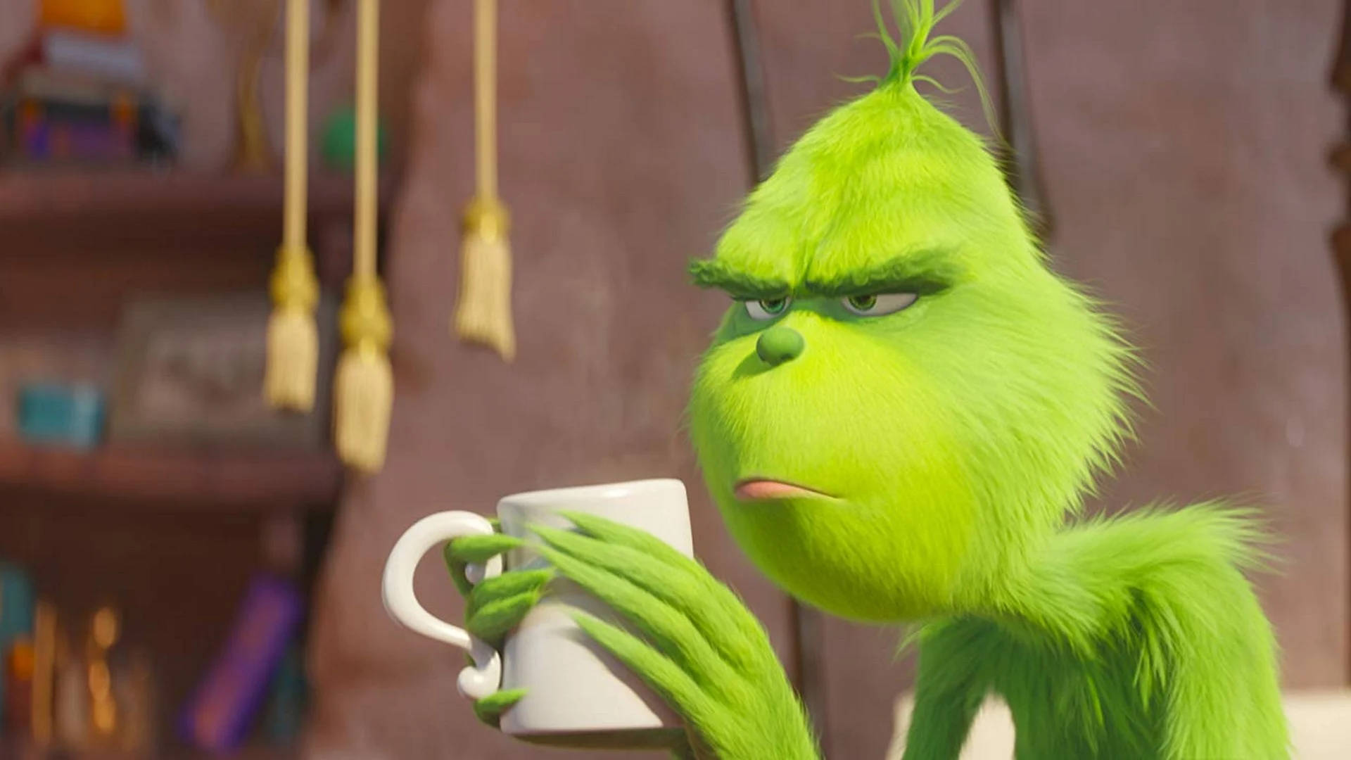 Grinch Holding Coffee Cup Background