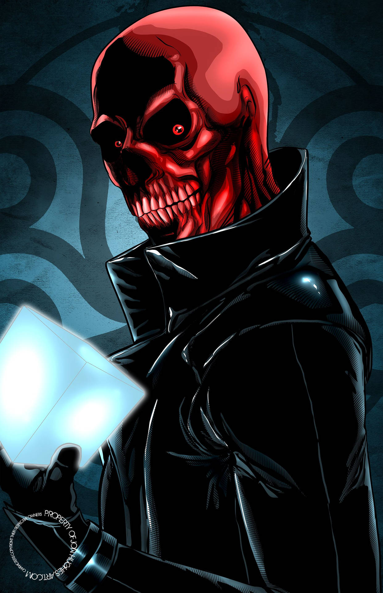 Grinning Red Skull Holding Tesseract Background
