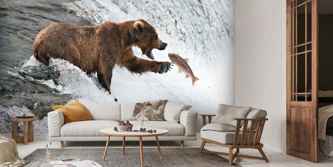 Grizzly Bear Catching Fish Mural Background