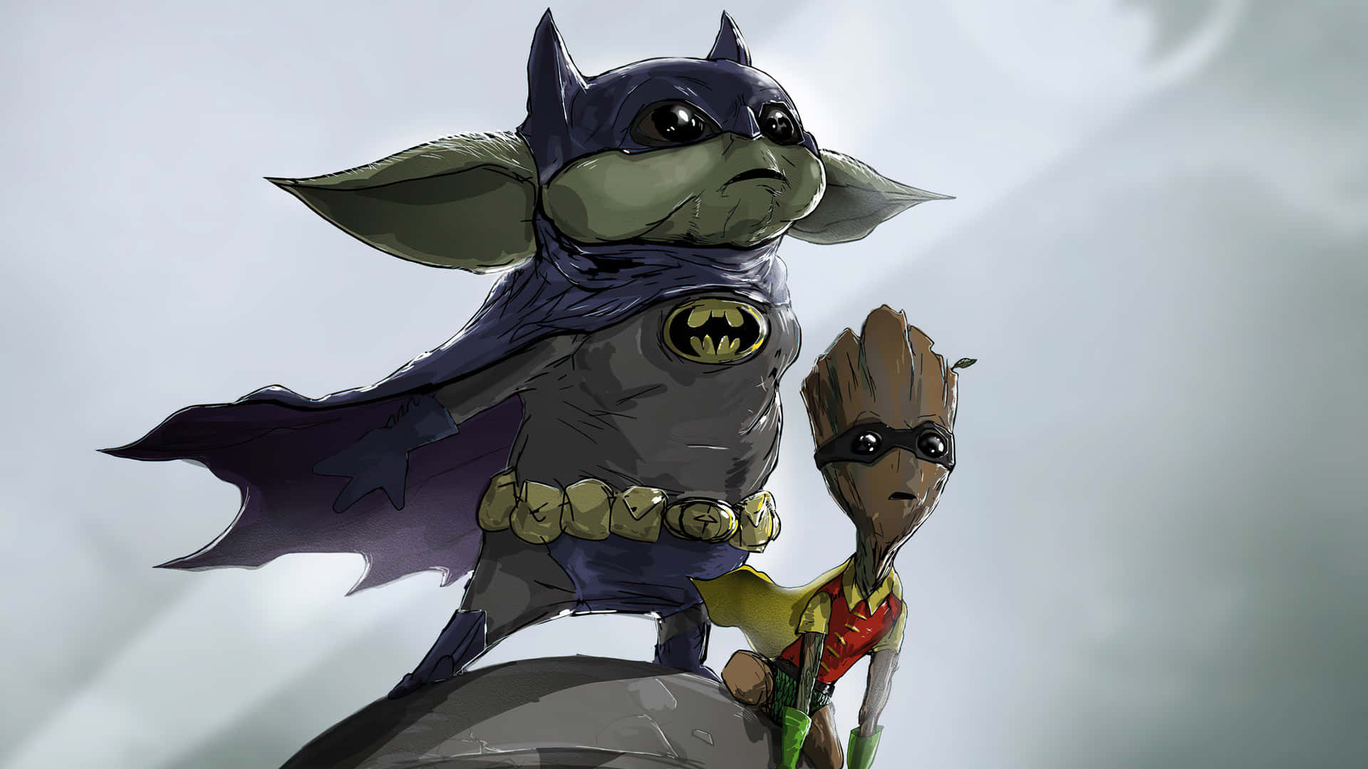 Grogu Batmanand Groot Robin Crossover Art Background