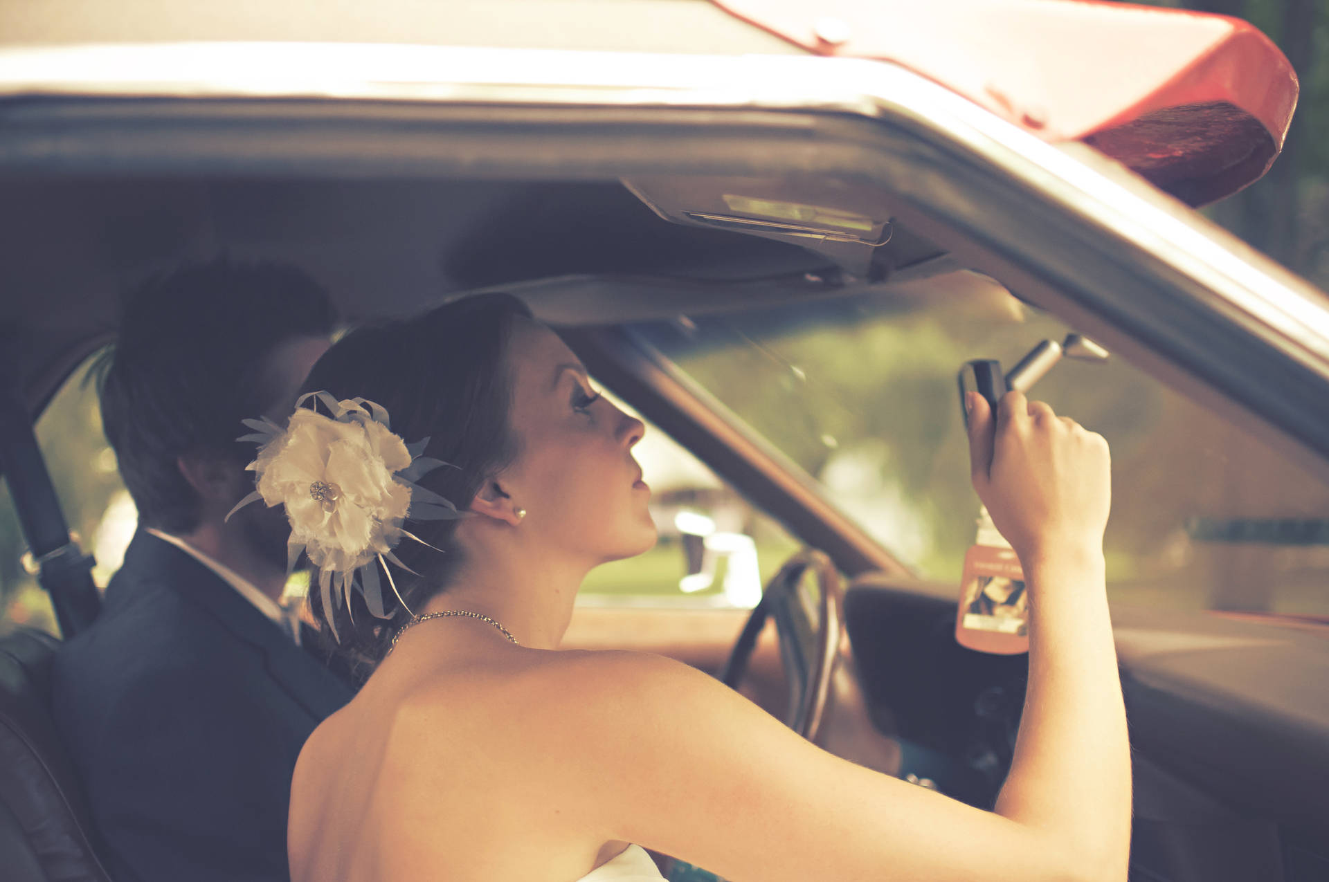 Groom And Bride In The Car Background