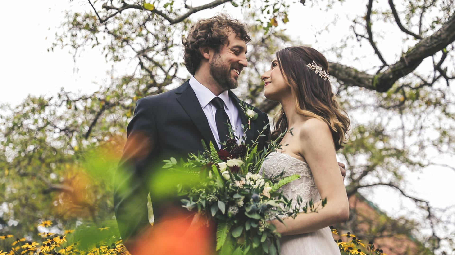 Groom And Bride With Bouquet Background