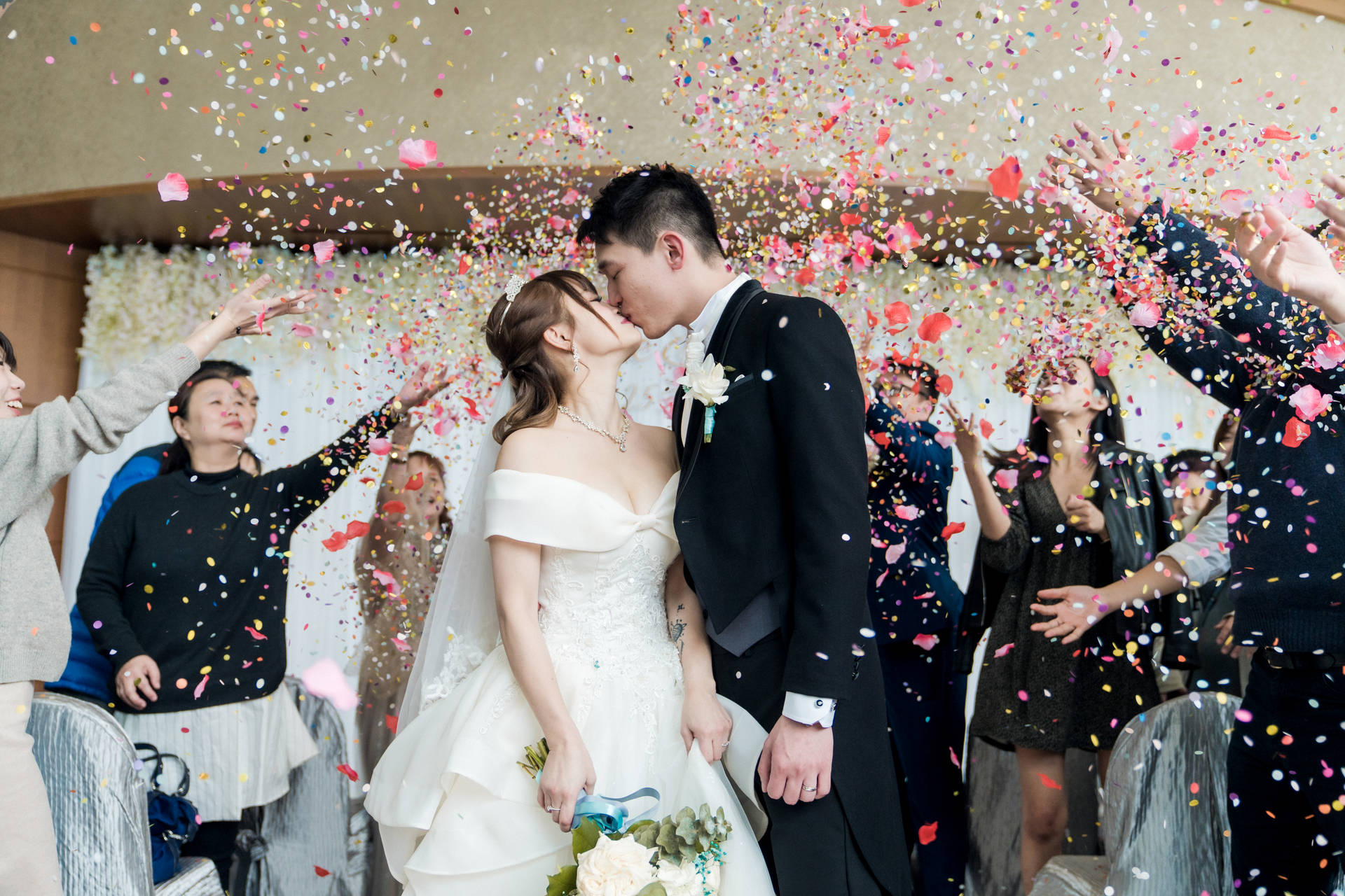 Groom And Bride With Confetti Background