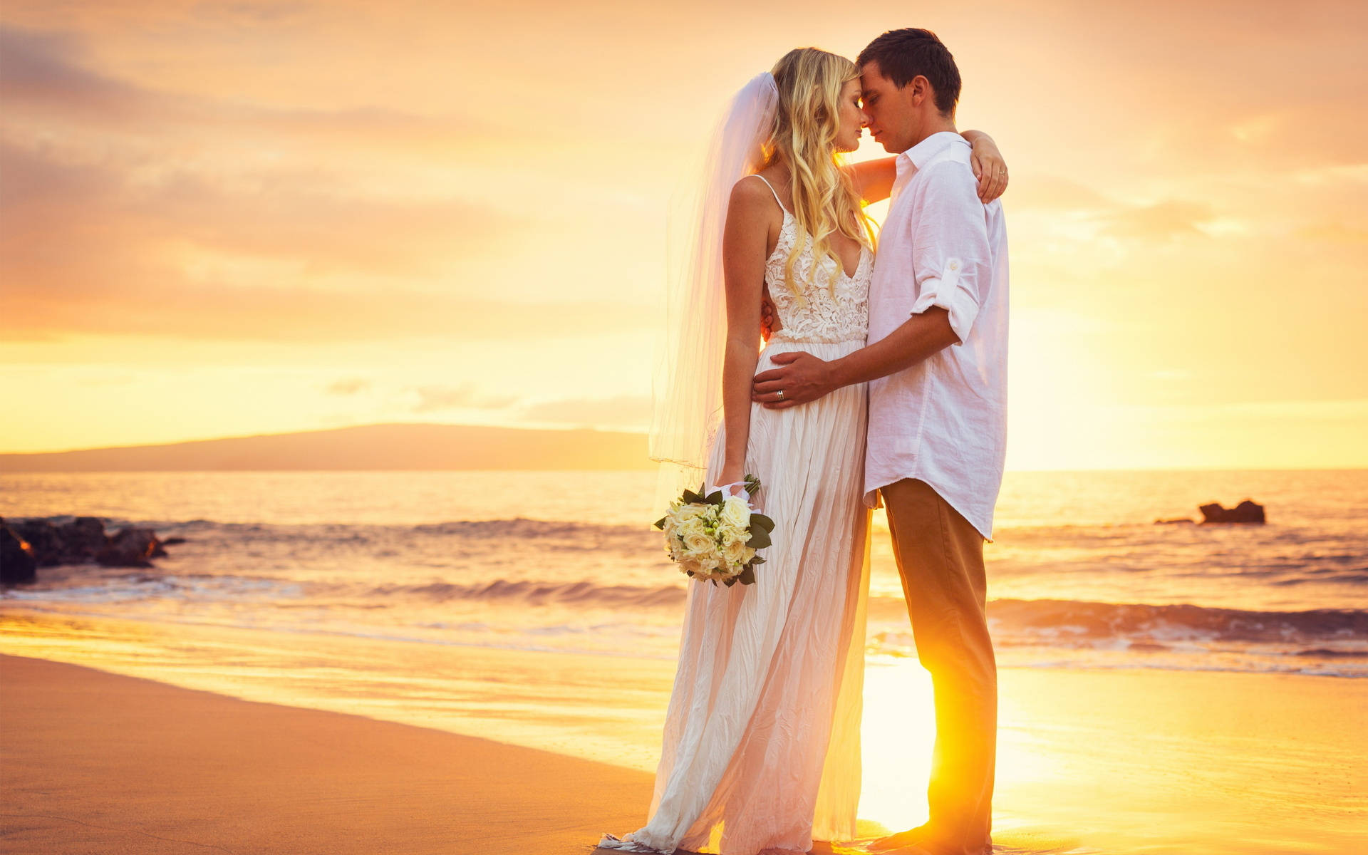 Groom With Bride In Beach Background