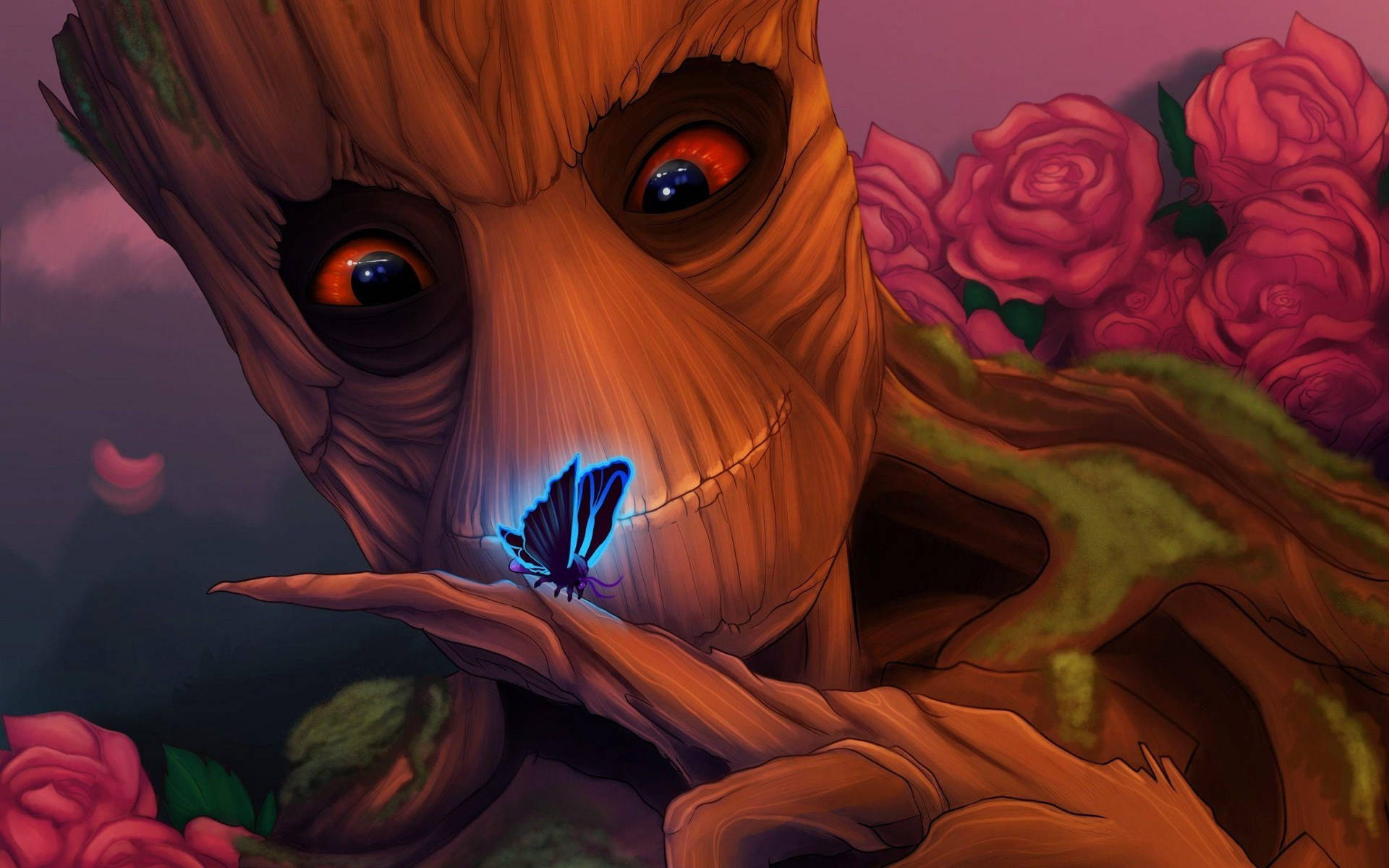 Groot With Blue Butterfly Background