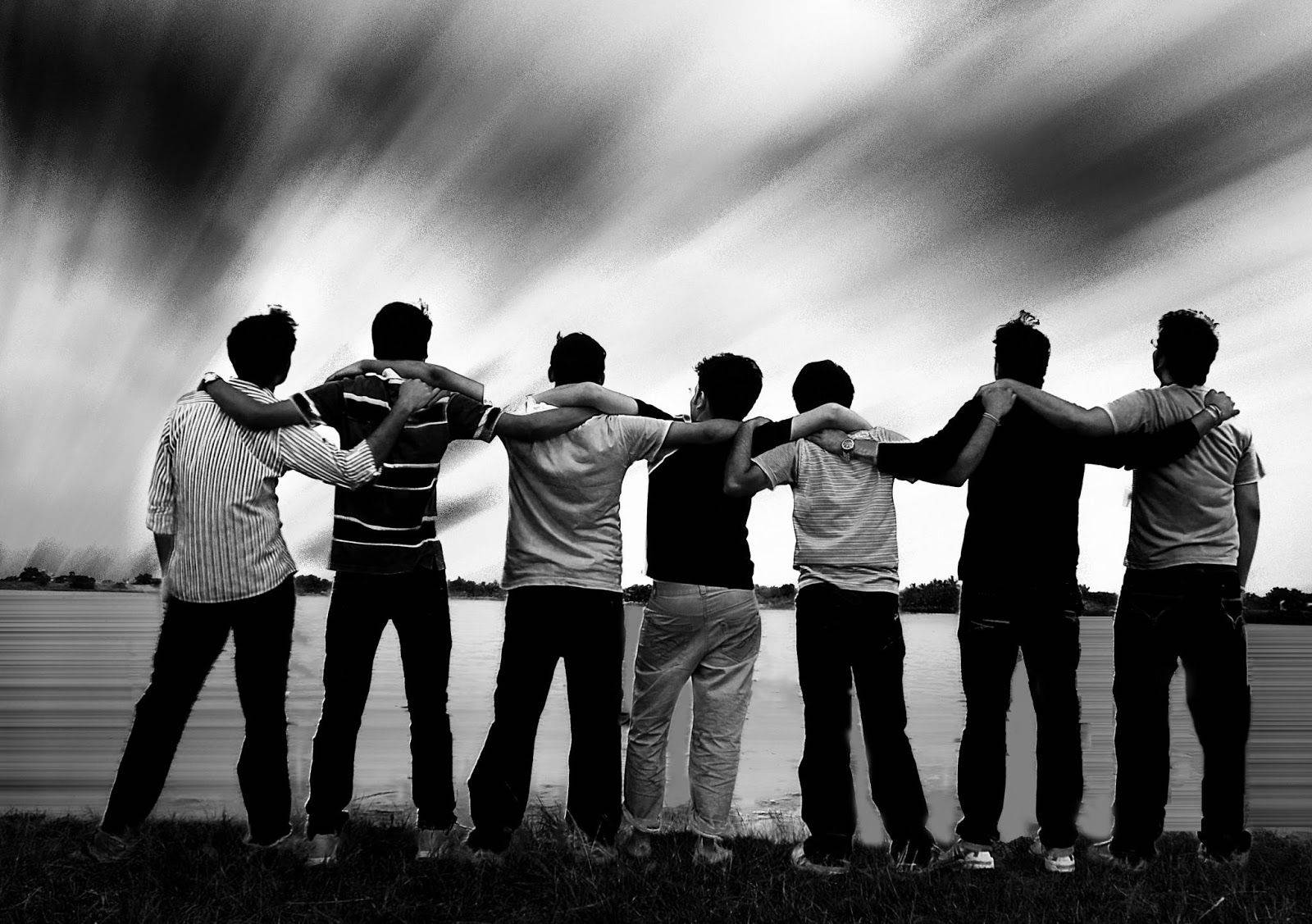 Group Boys Arms On Shoulders Black And White Background