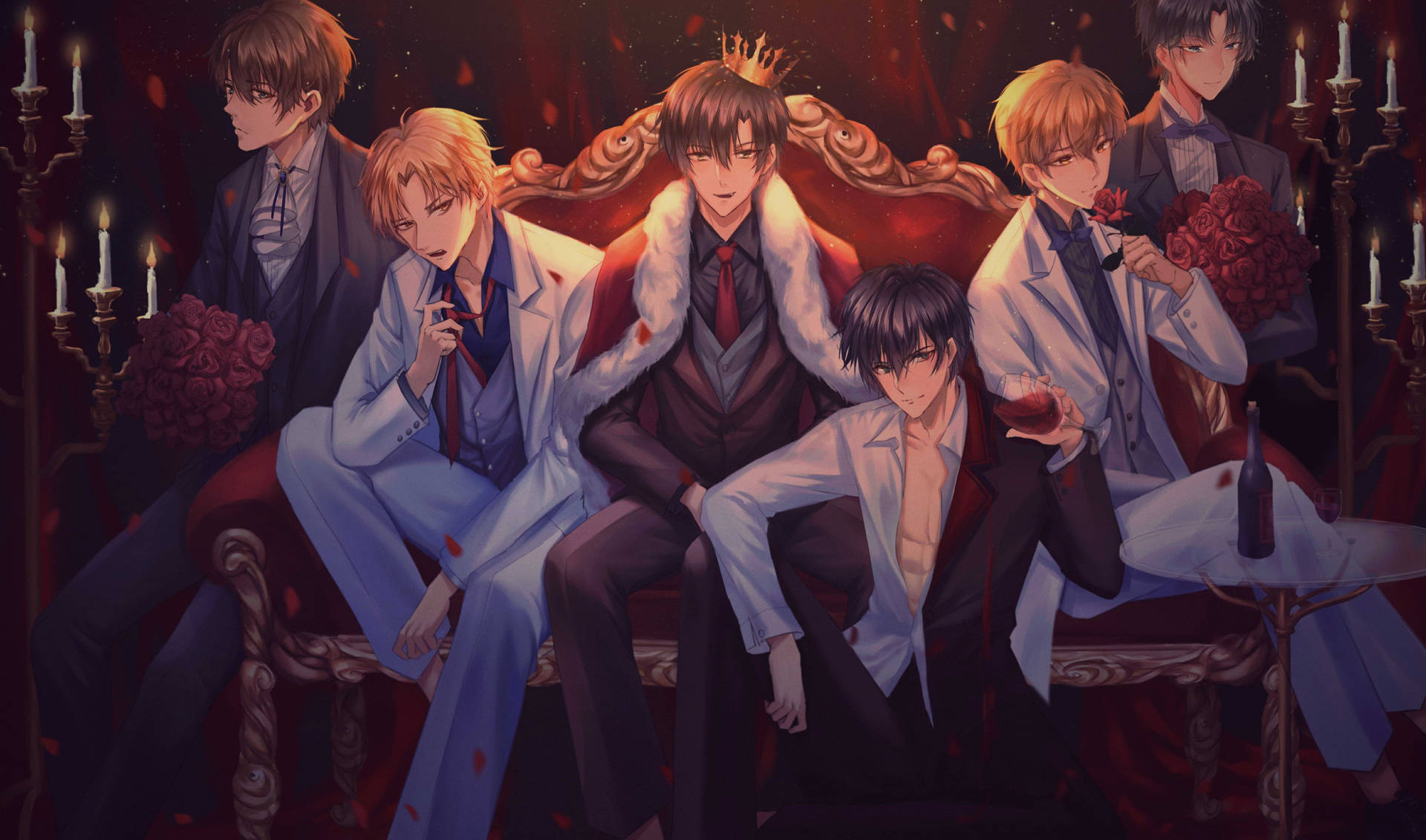 Group Handsome Anime Boys On Throne Background