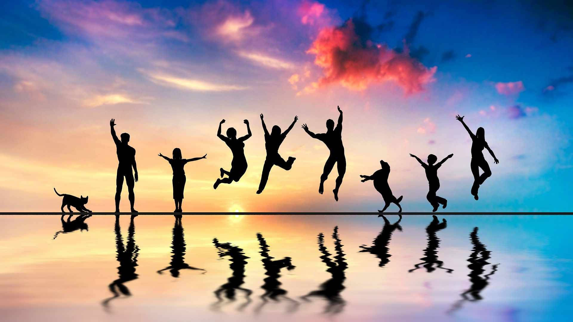 Group Jump Shot On Water Background