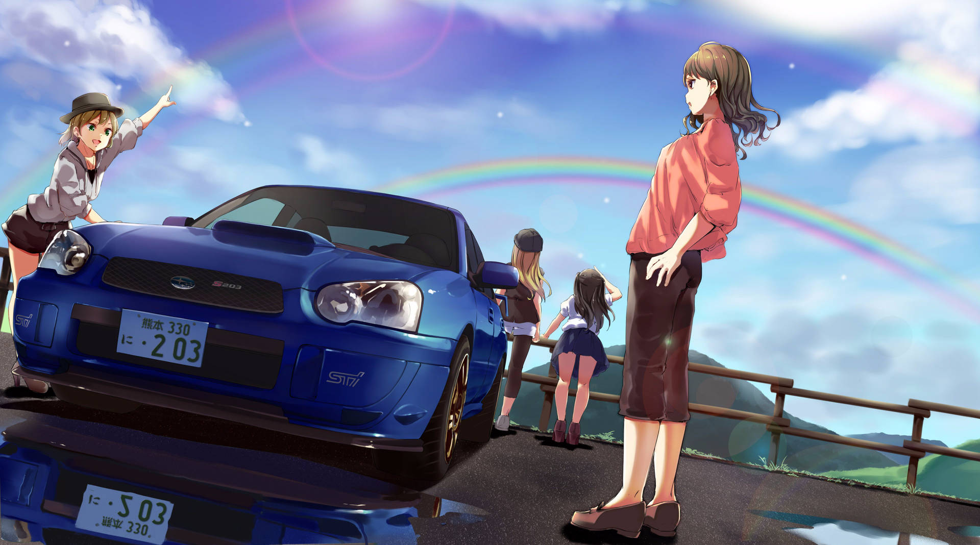 Group Next To A Subaru Wrx Car Anime Background