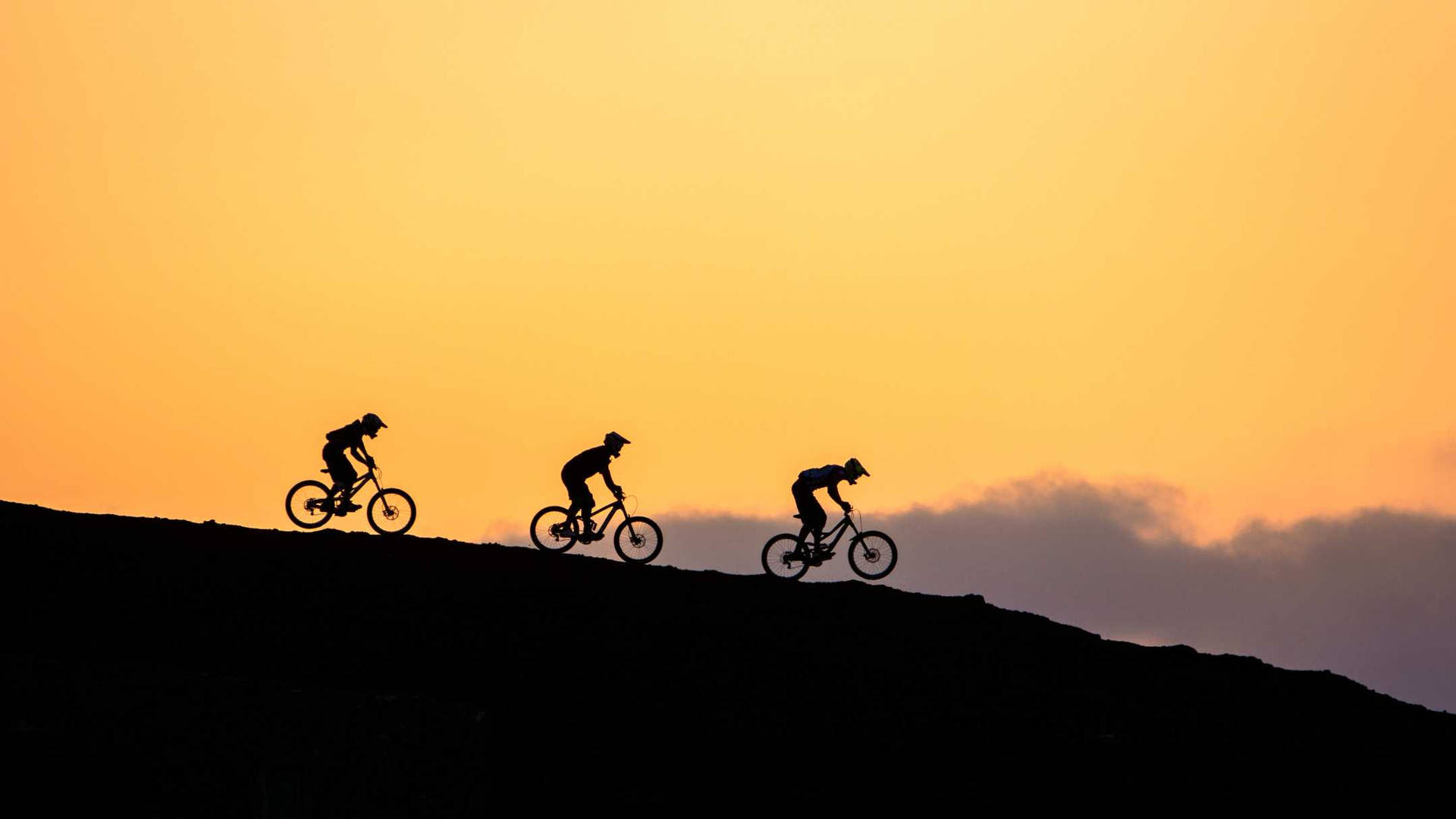 Group Of Cyclists Hillside Mountain Biking Silhouette Background