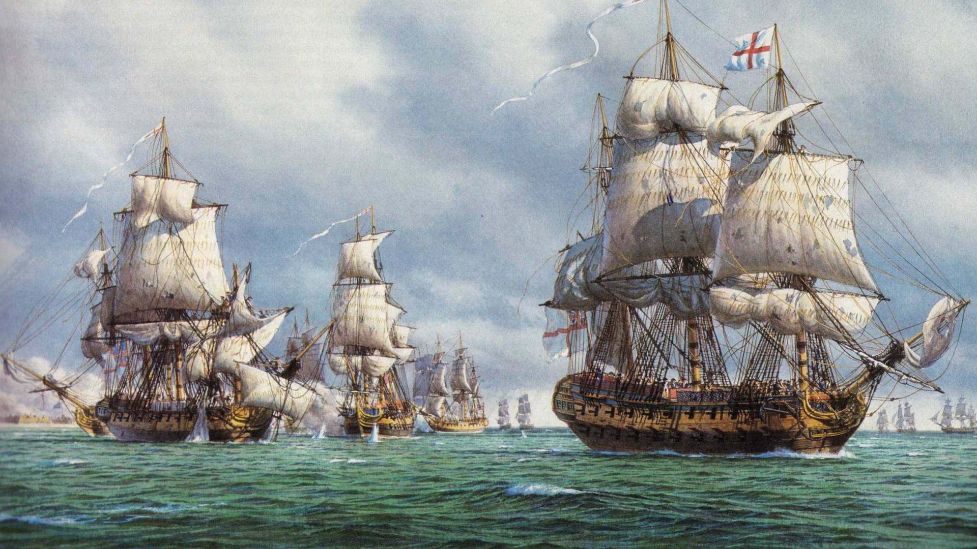 Group Of Galleon Sailing Ships Background