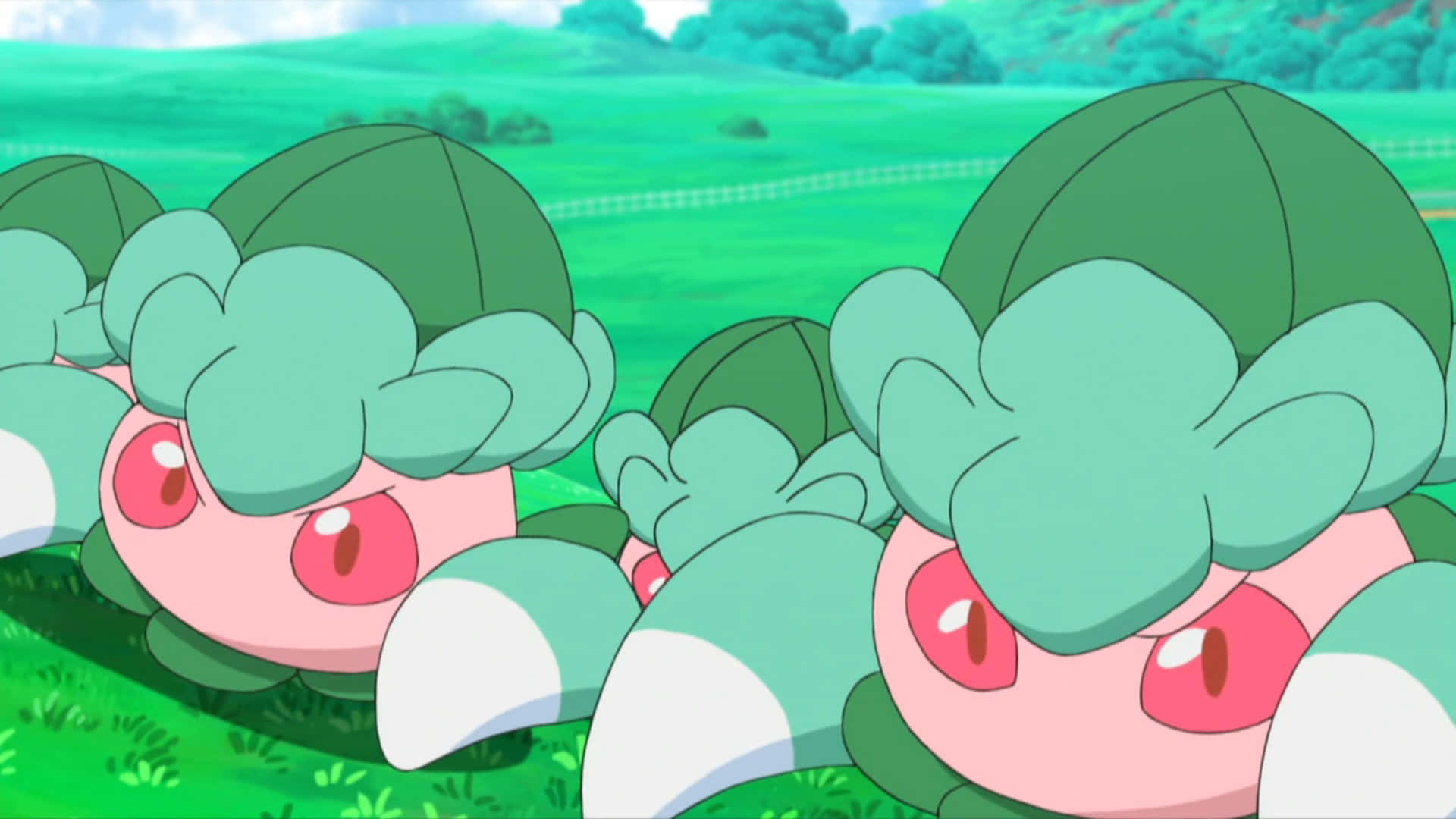 Group Of Pokémon Fomantis In Grassland Background