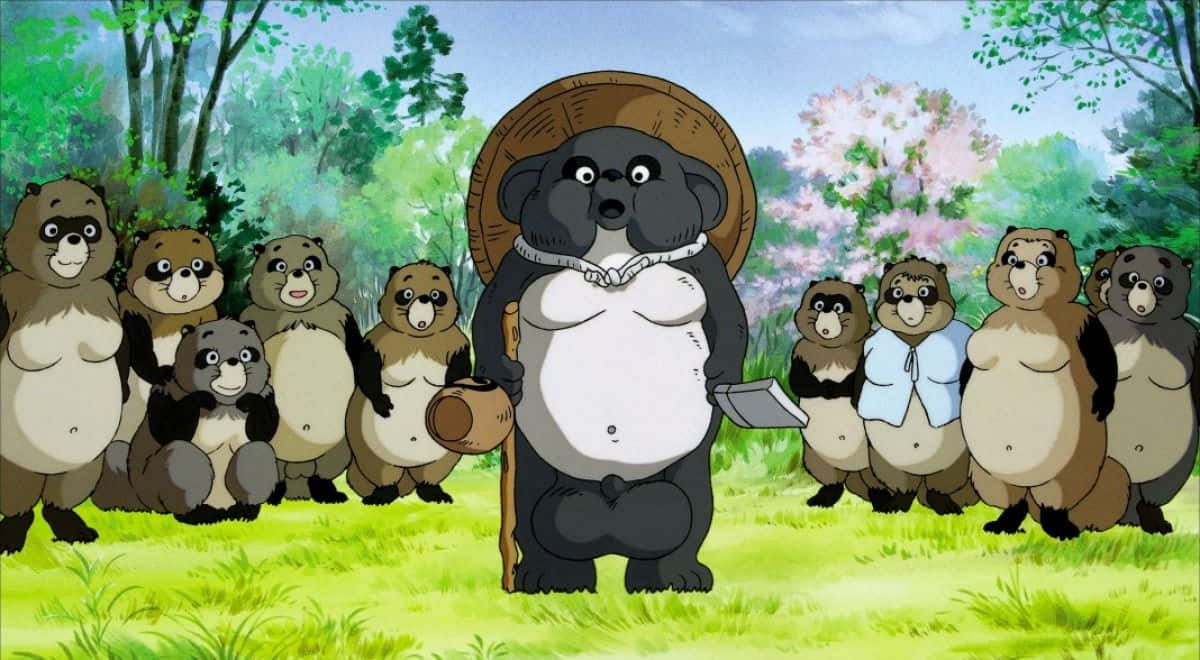 Group Of Tanuki From Pom Poko In A Fantasy Landscape Background