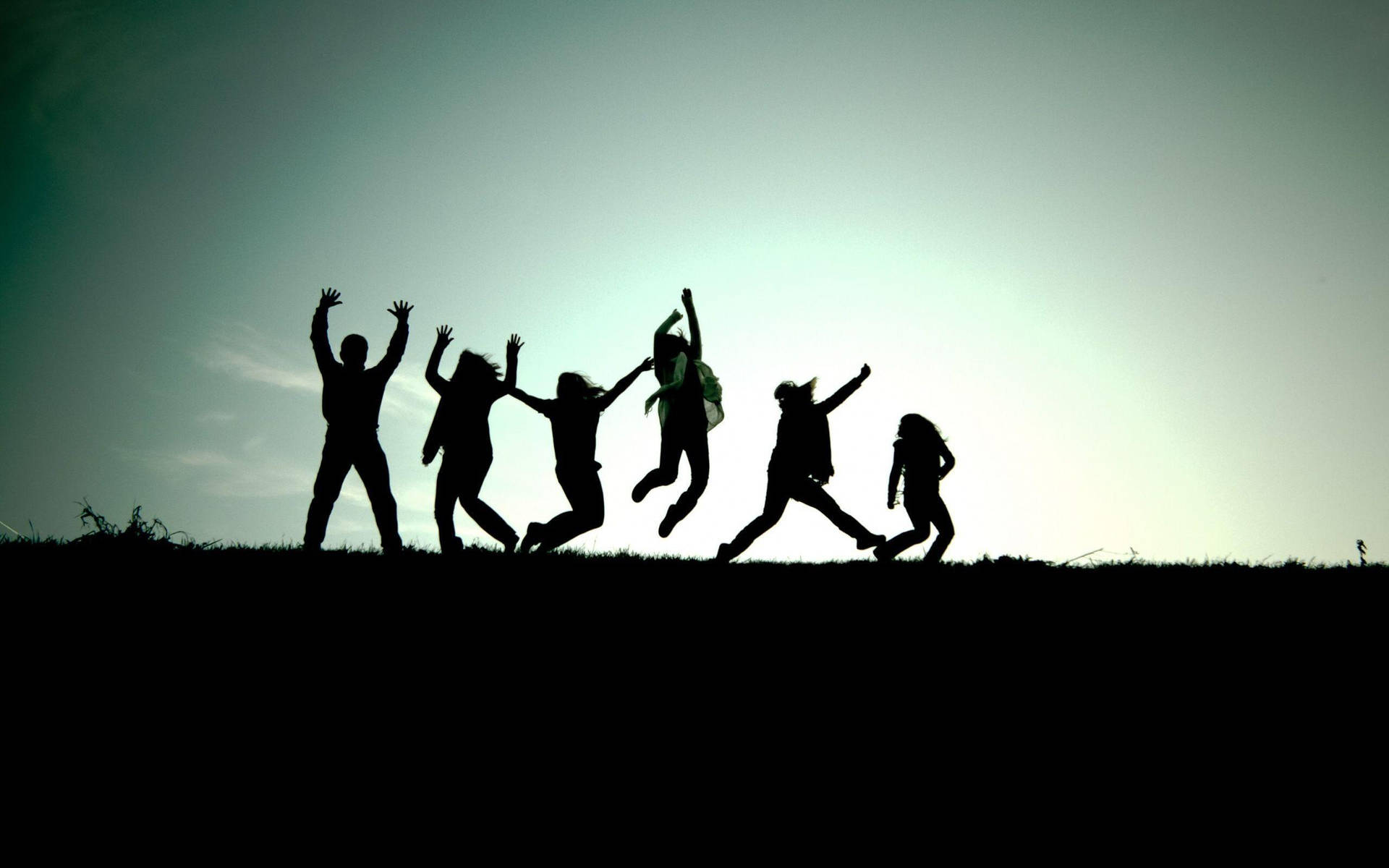 Group Silhouette On Field With Sun Background