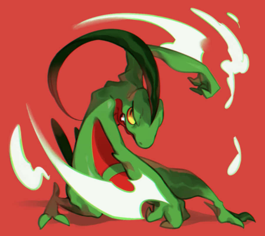 Grovyle In Action: A Dynamic Punch Against A Fiery Red Background Background