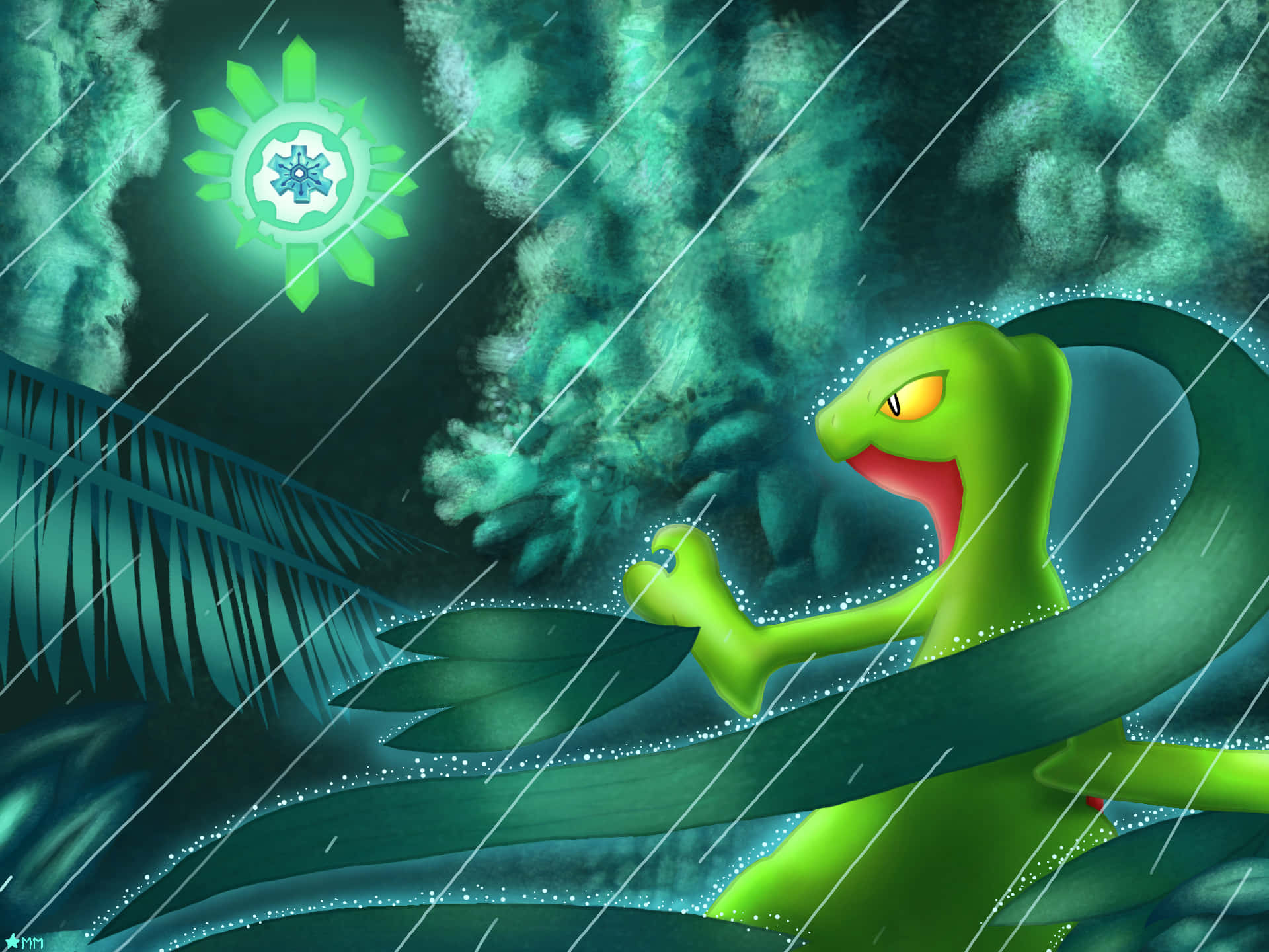 Grovyle Under Rain Background