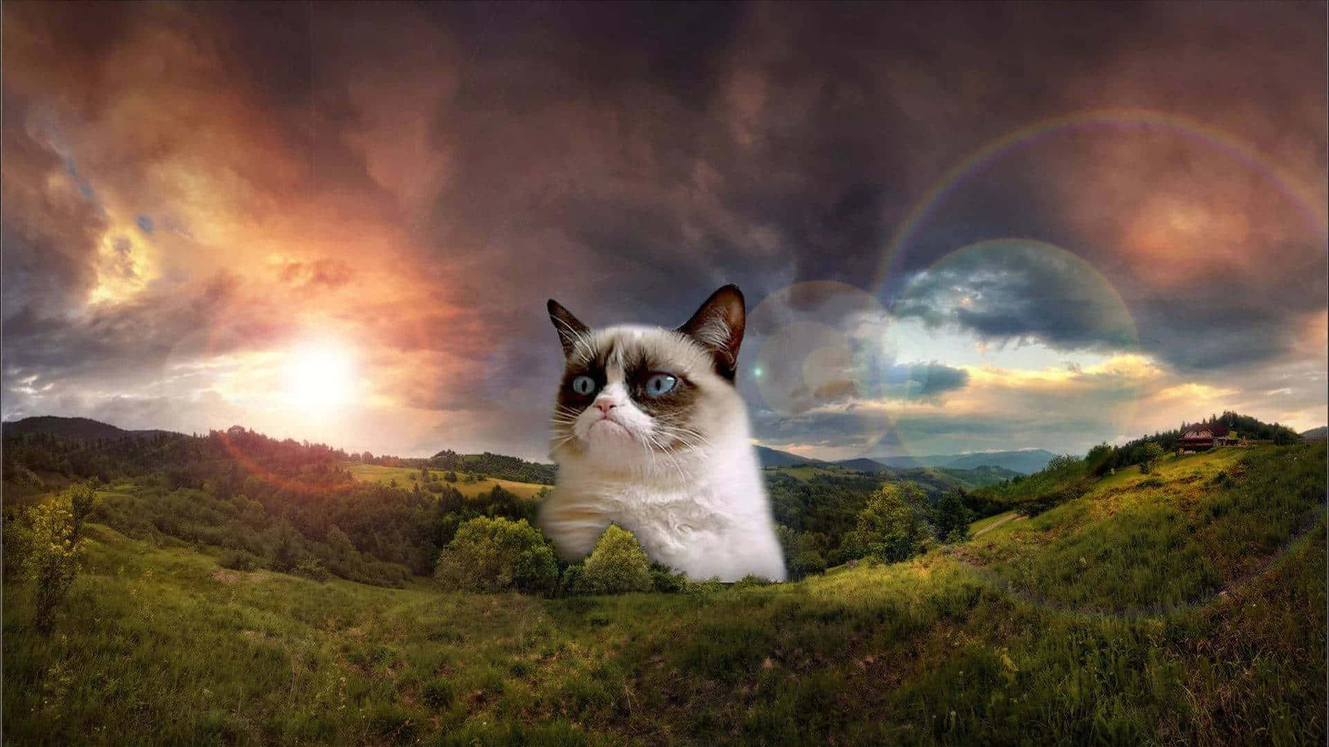 Grumpy Cat Soaks Up The Last Of The Summer Sun. Background