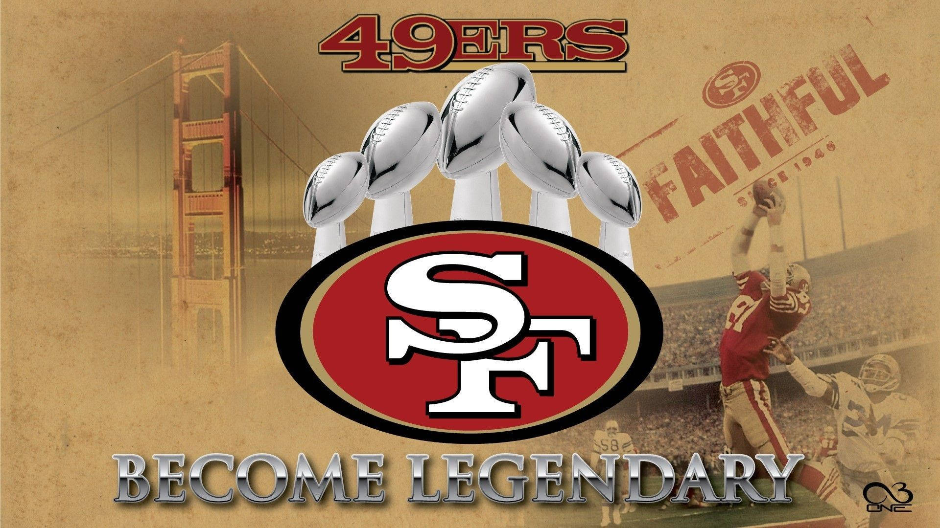Grunge 49ers Poster With Five Trophies Background