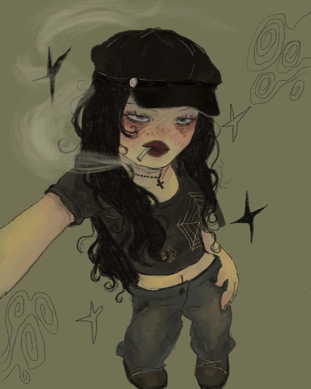 Grunge Cartoon Black Hair Girl Smoking Background