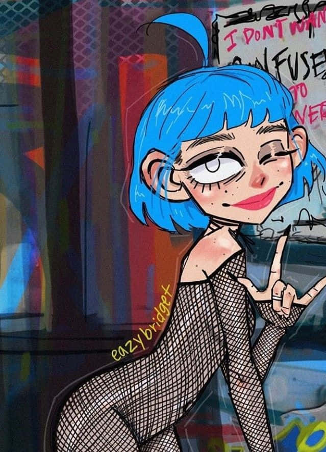 Grunge Cartoon Fishnet Clothes Blue Hair Background