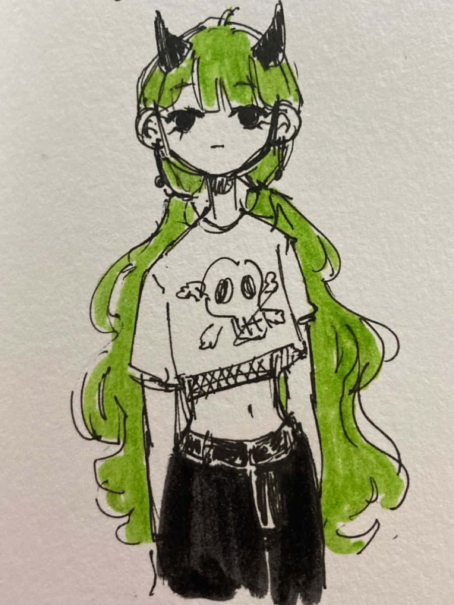 Grunge Cartoon Girl Green Horns