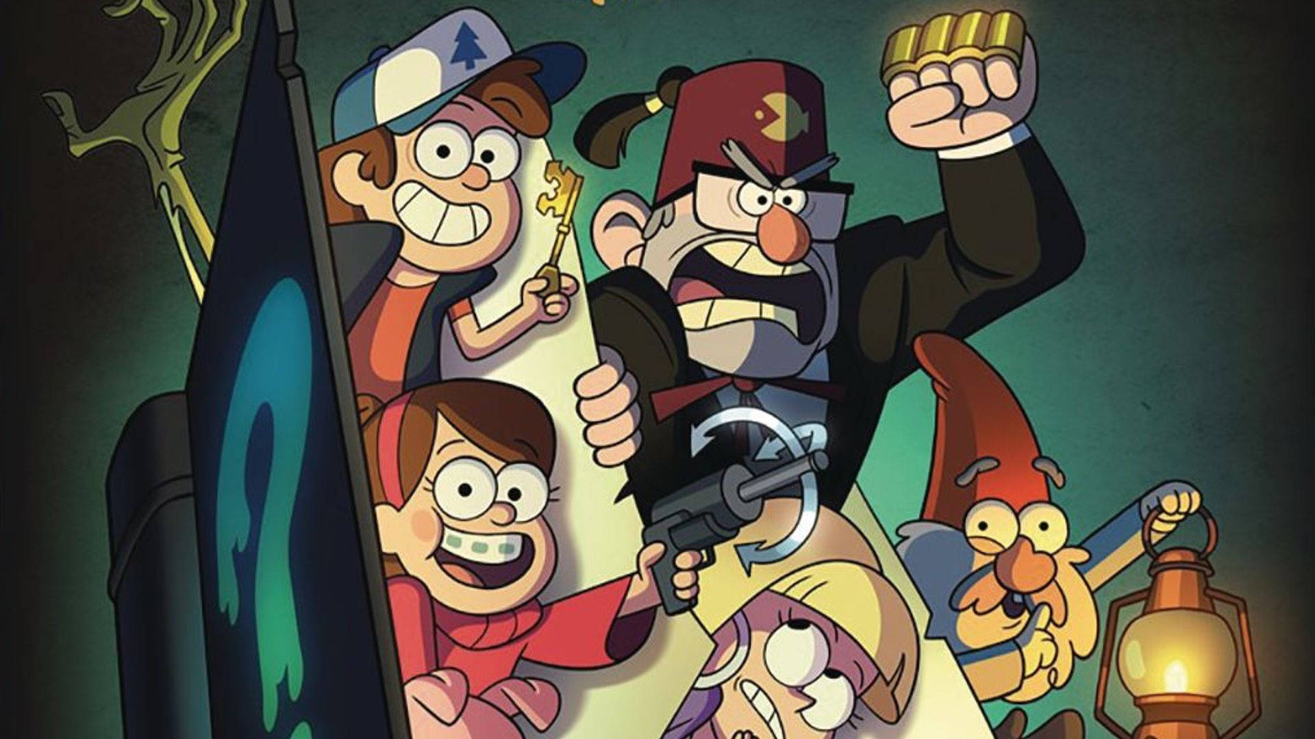 Grunkle Stan And Kids In Book Background