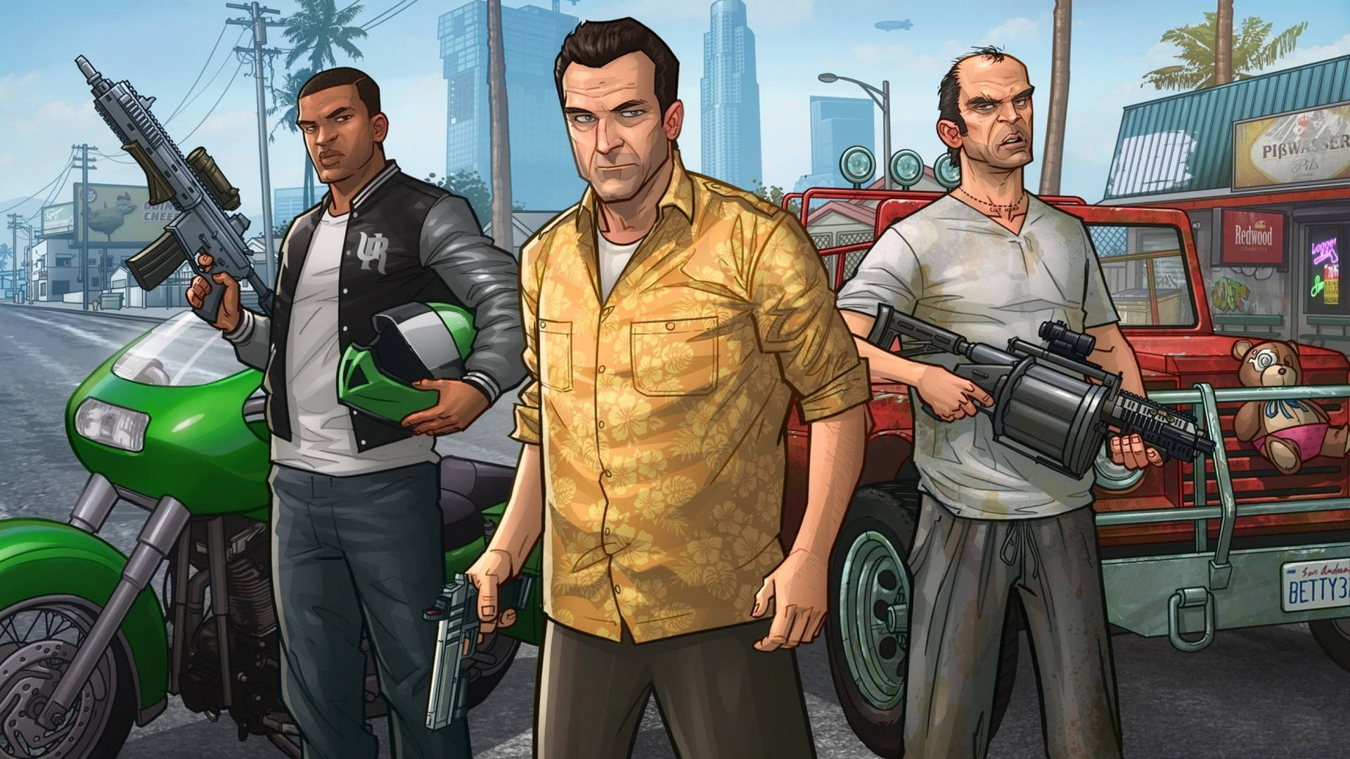 Gta 5 2560x1440 Protagonists Comic Artwork Background