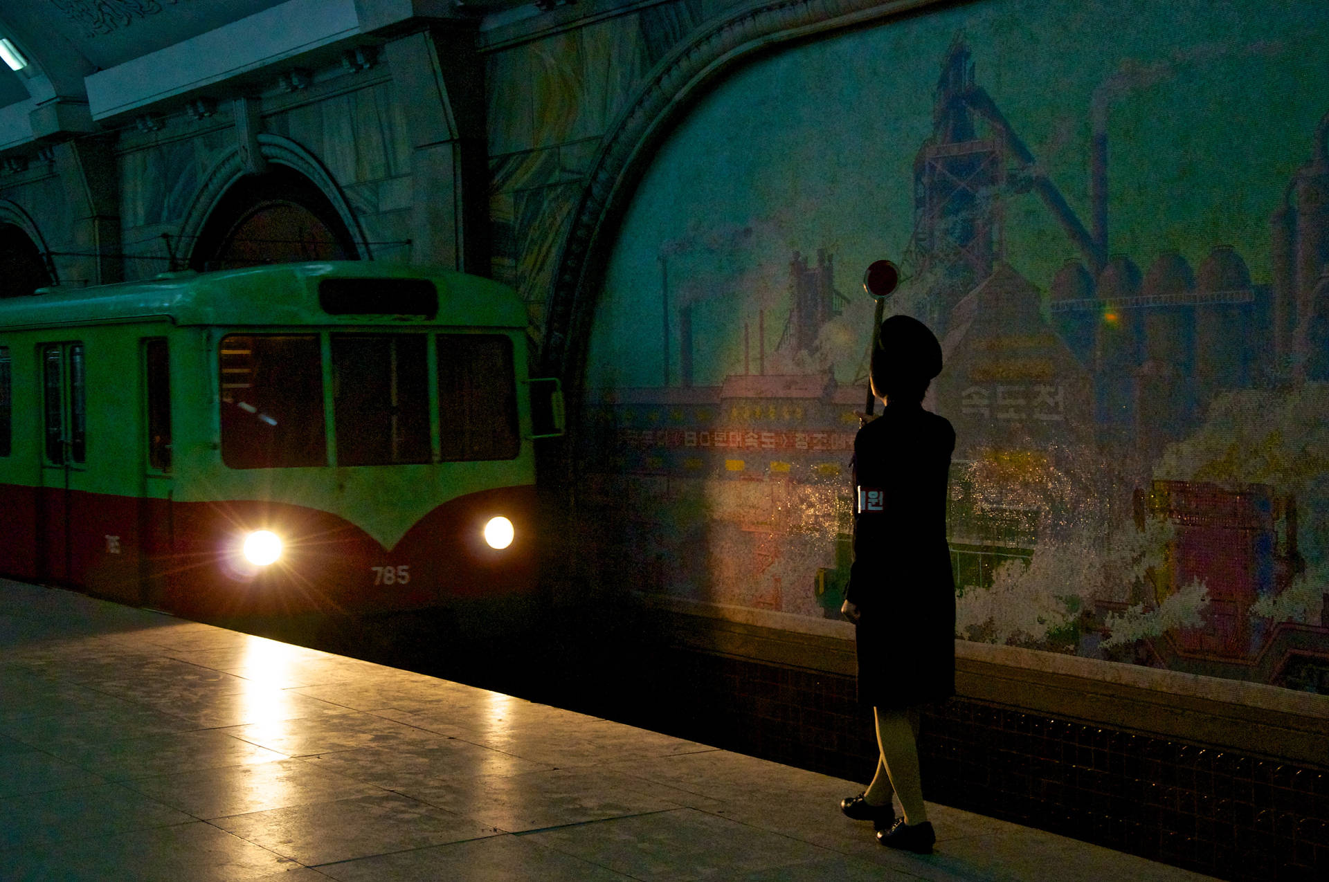 Guard On Duty At The Distinctive Pyongyang Metro