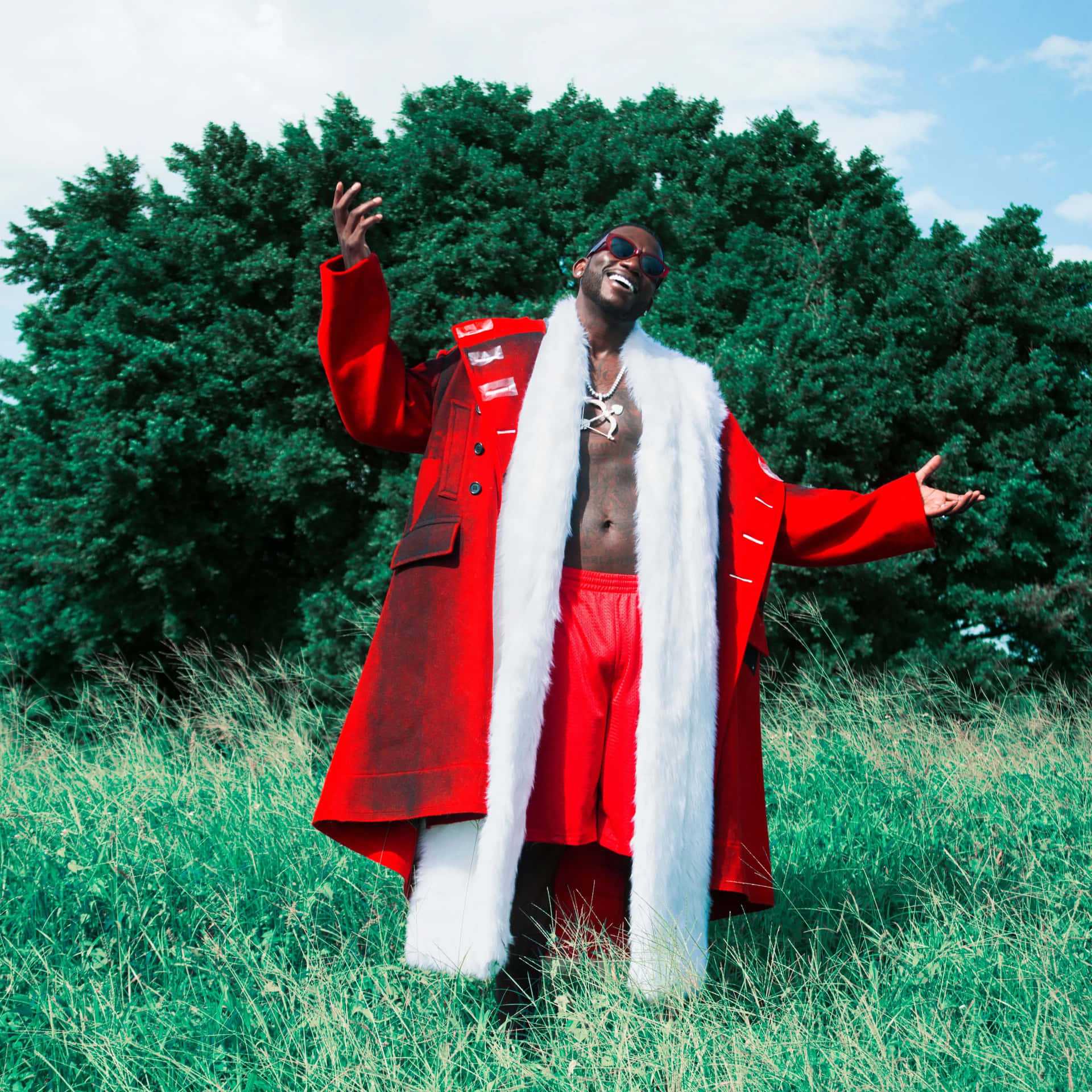 Gucci Mane Red Outfit Nature Backdrop