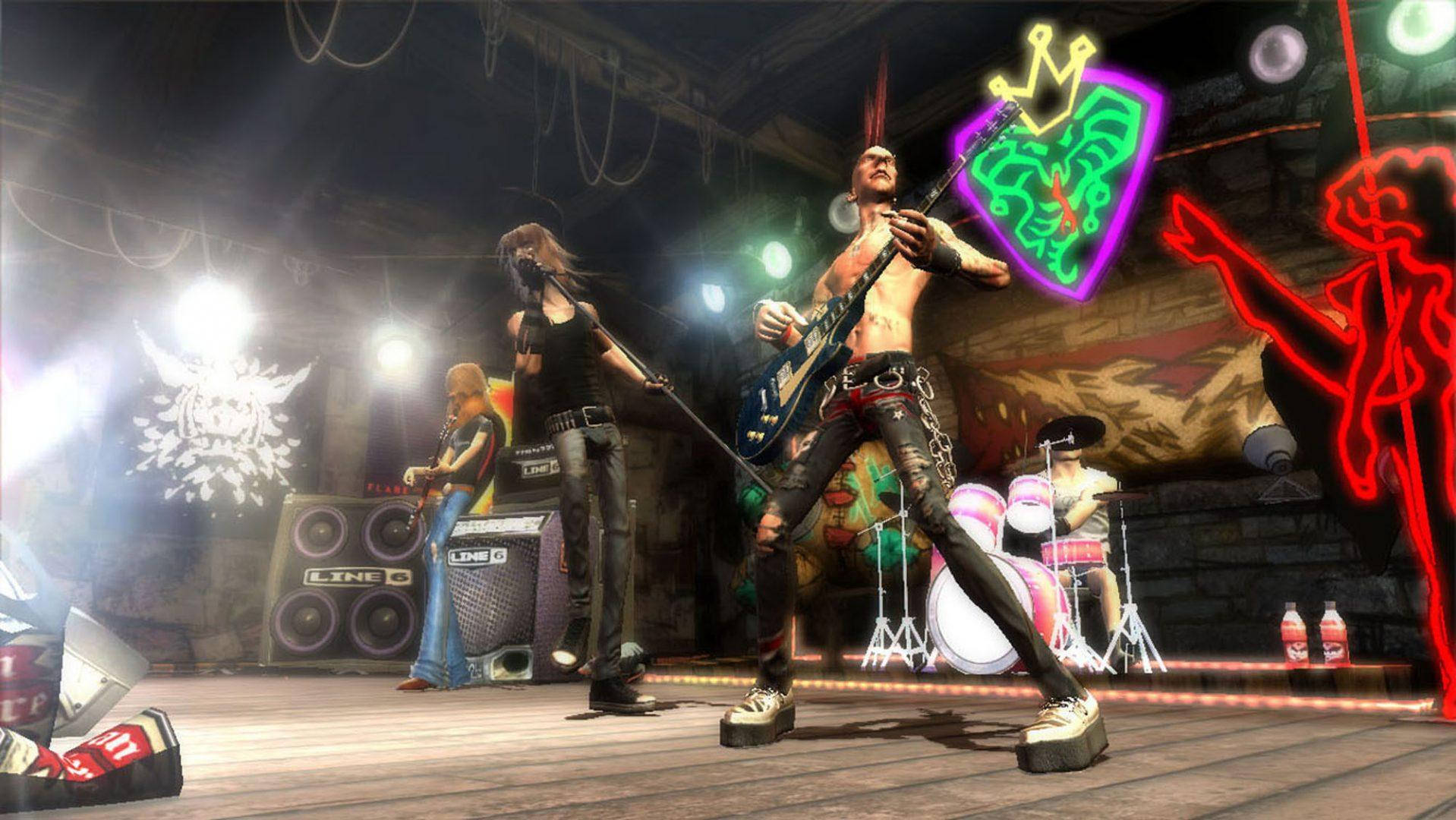 Guitar Hero Rock Band On Stage Background