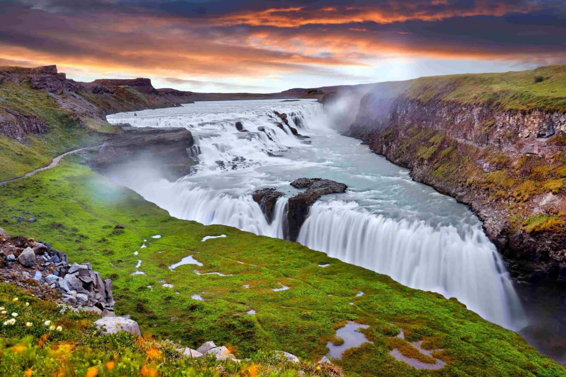 Gullfoss Waterfall In Southwest Iceland During Nightfall