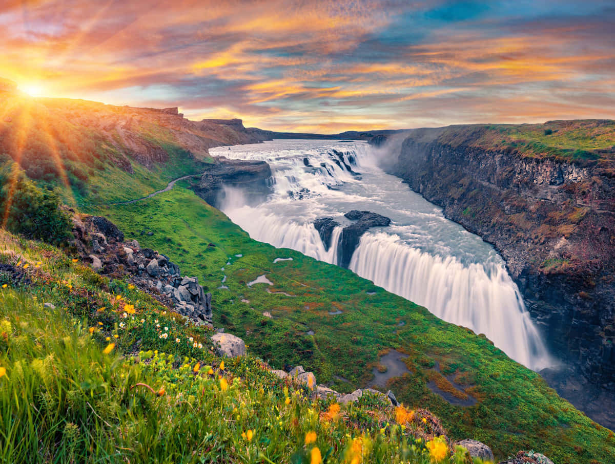 Gullfoss Waterfall In Southwest Iceland During Sunrise Background