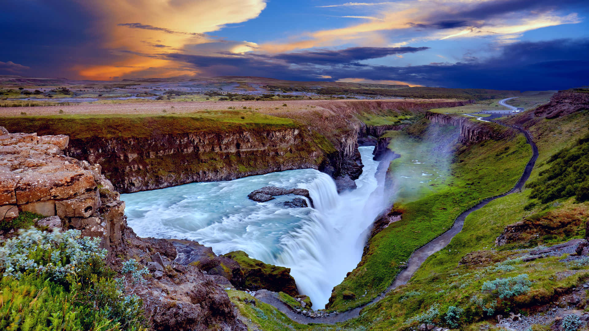 Gullfoss Waterfall In Southwest Iceland During Twilight Background