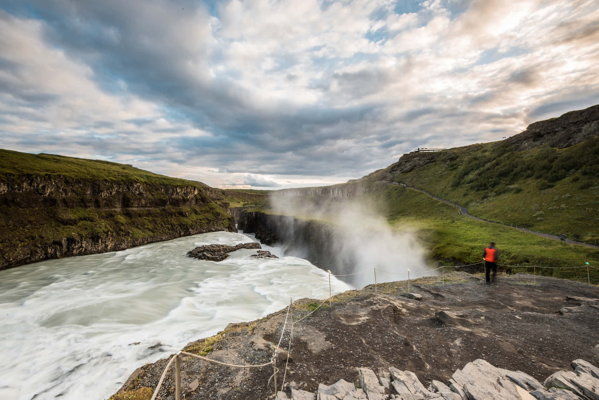 Gullfoss Waterfall In Southwest Iceland Panoramic Shot Background