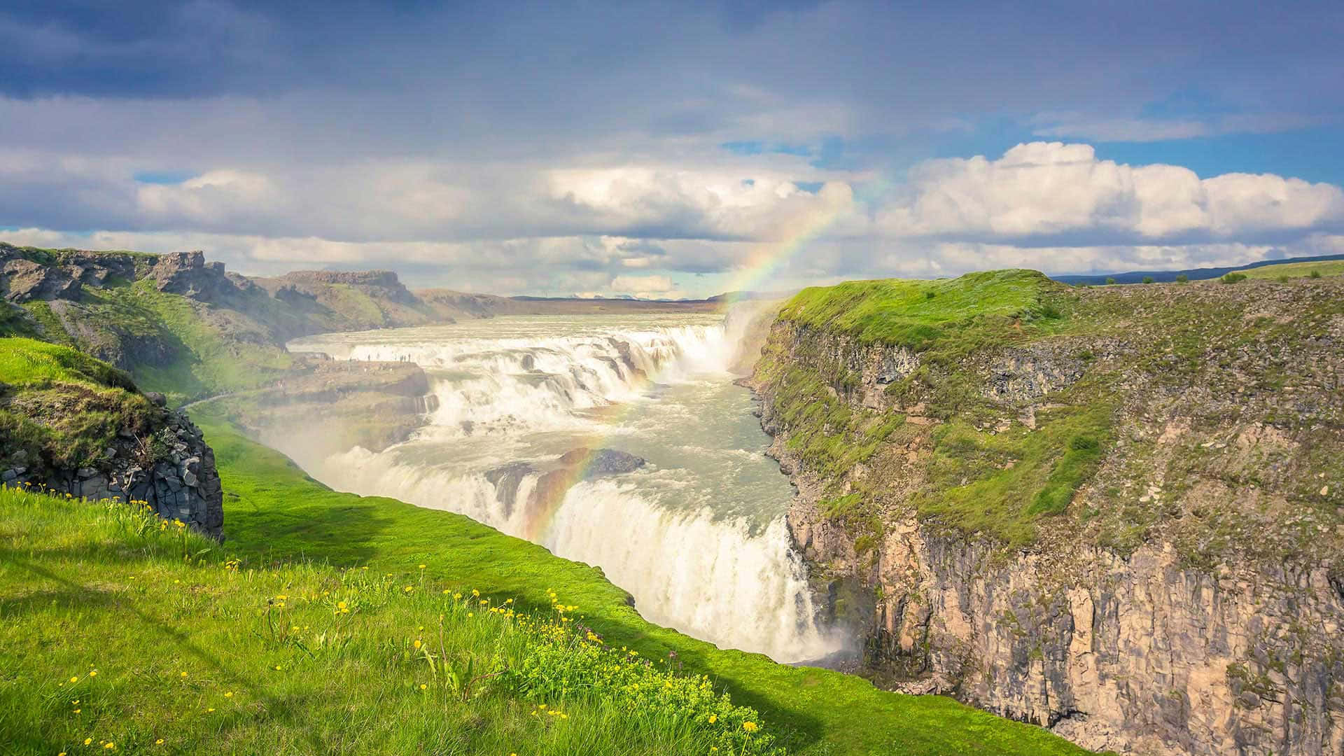 Gullfoss Waterfall In Southwest Iceland Wide Angle Shot Background