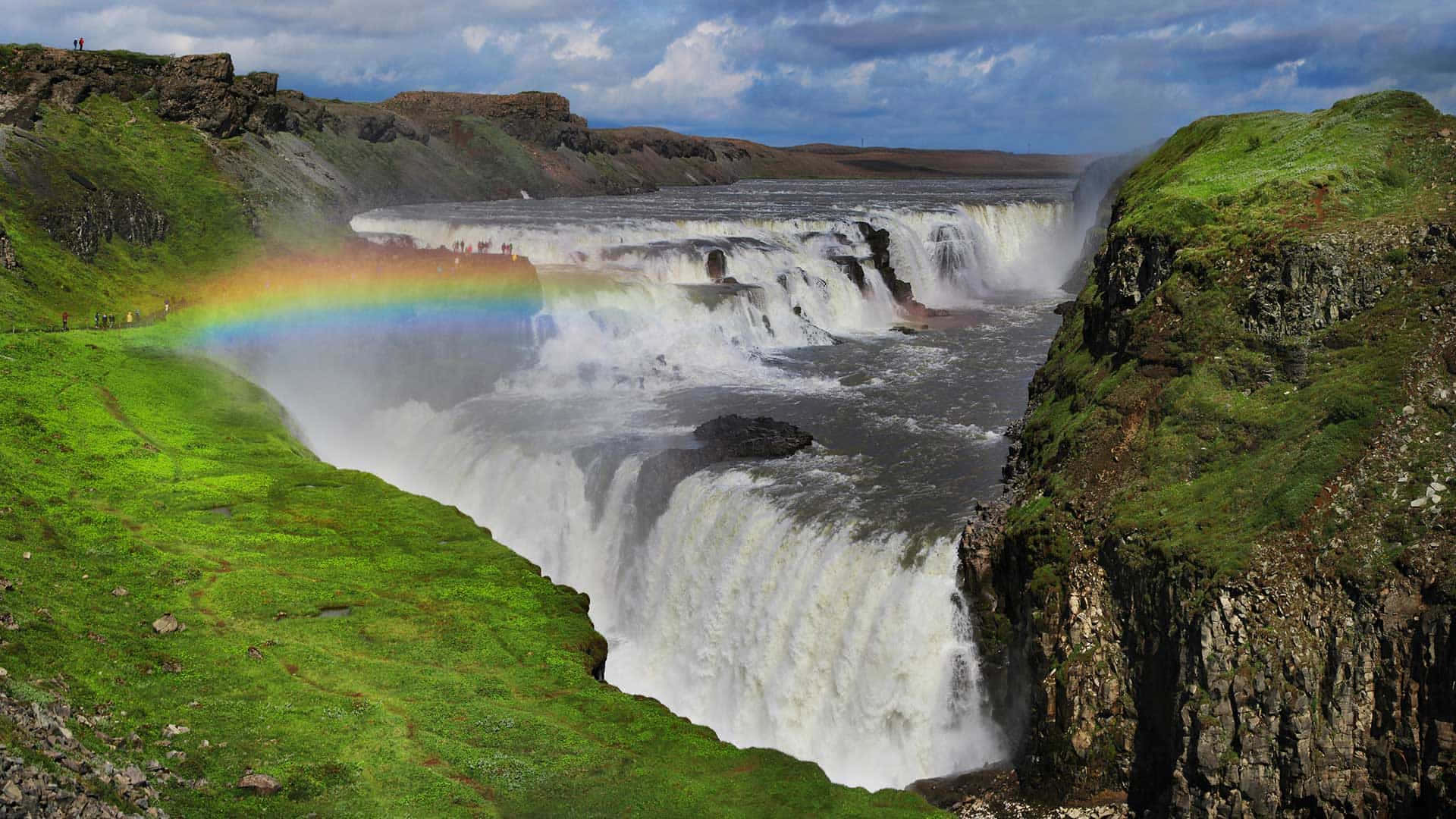 Gullfoss Waterfall Peak With Rainbow In Southwest Iceland