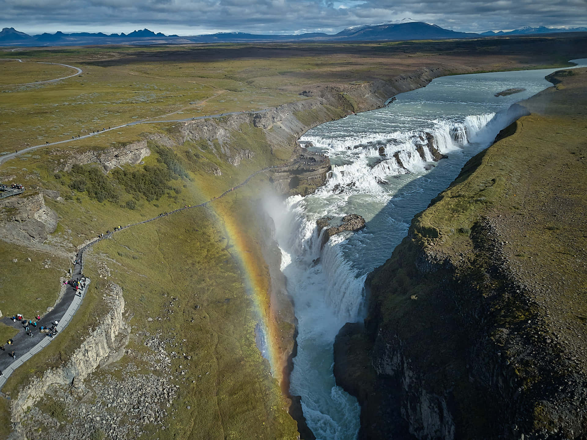 Gullfoss Waterfall With Rainbow Streak In Southwest Iceland