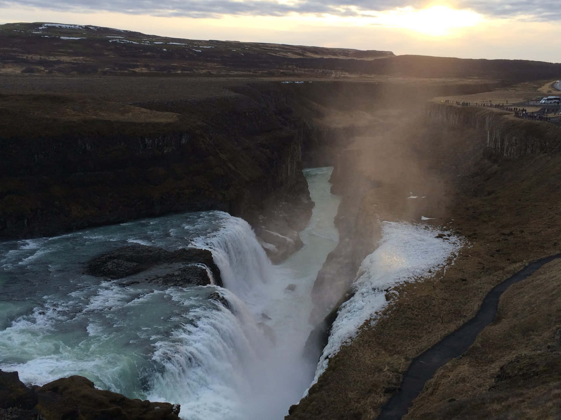Gullfoss Waterfall With Sunbeam In Southwest Iceland Background