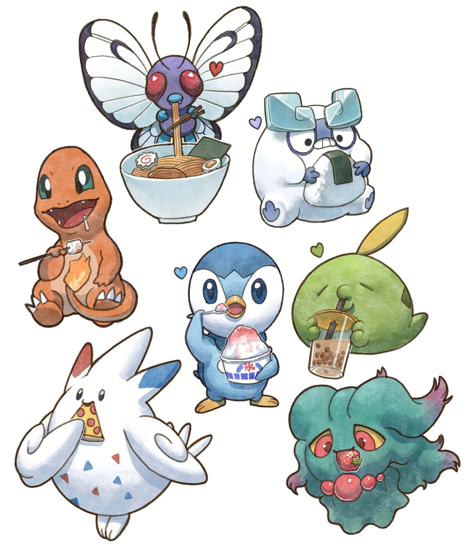 Gulpin With Other Pokemons Eating Desserts Background