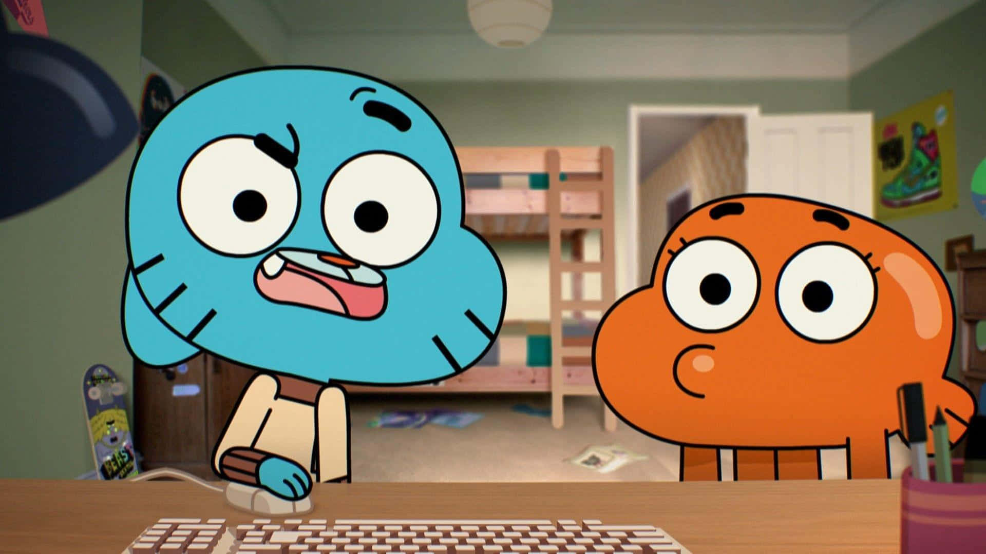 Gumball, Darwin, And Anais In The Vibrant World Of Elmore Background