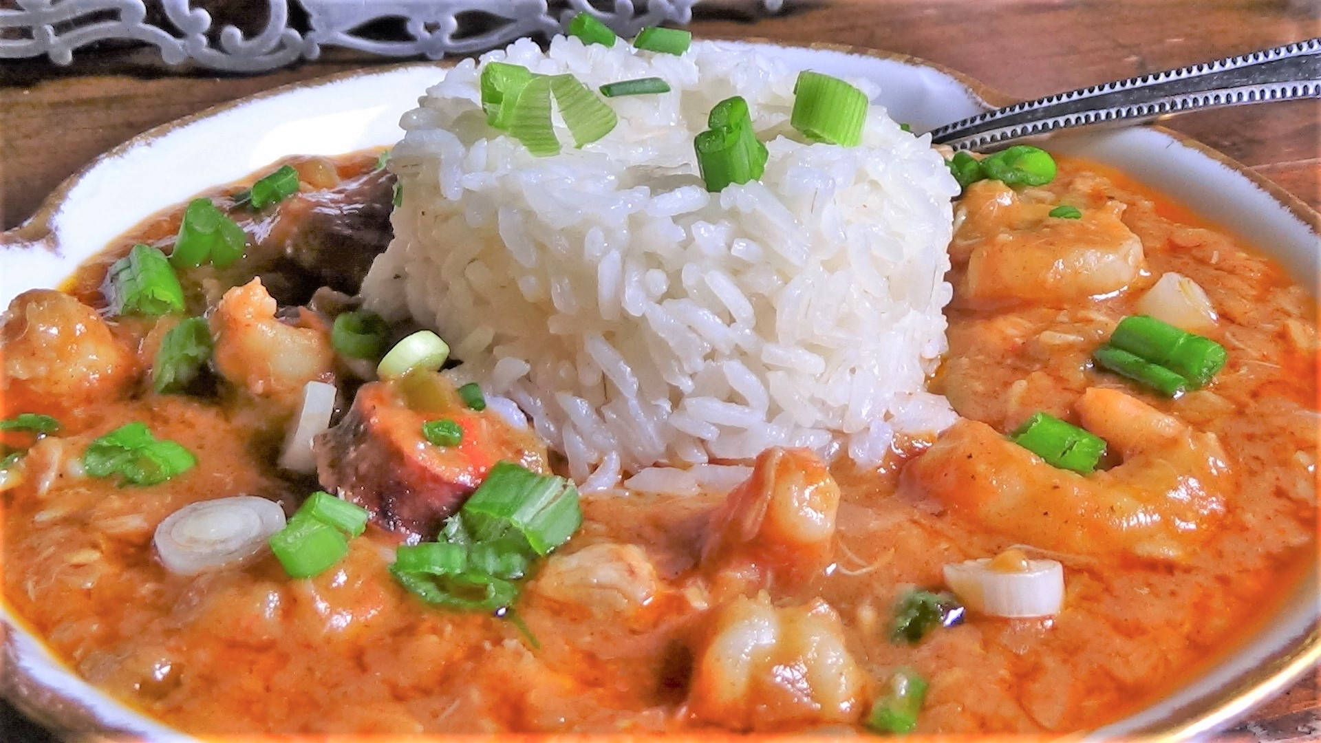 Gumbo With Cup Of Rice Background