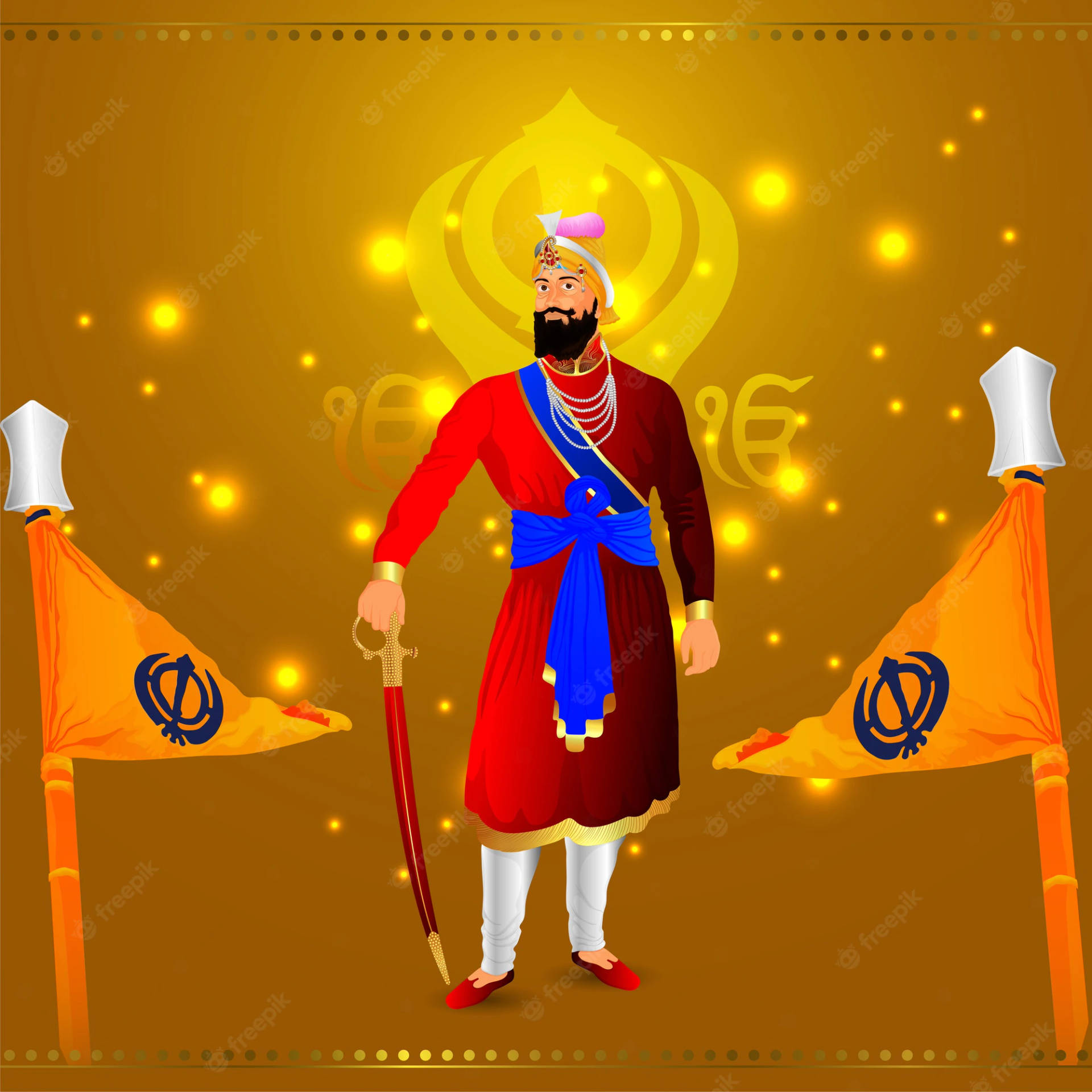 Guru Gobind Singh Ji With Sikh Logos Background